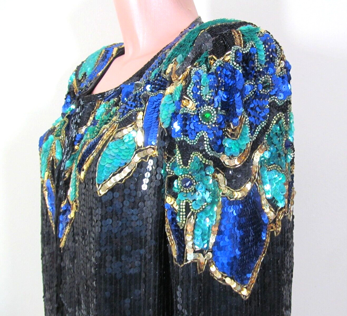 STENAY XL Black Silk Vibrant Multicolor Sequined Beaded L/S Mardi Gras Top