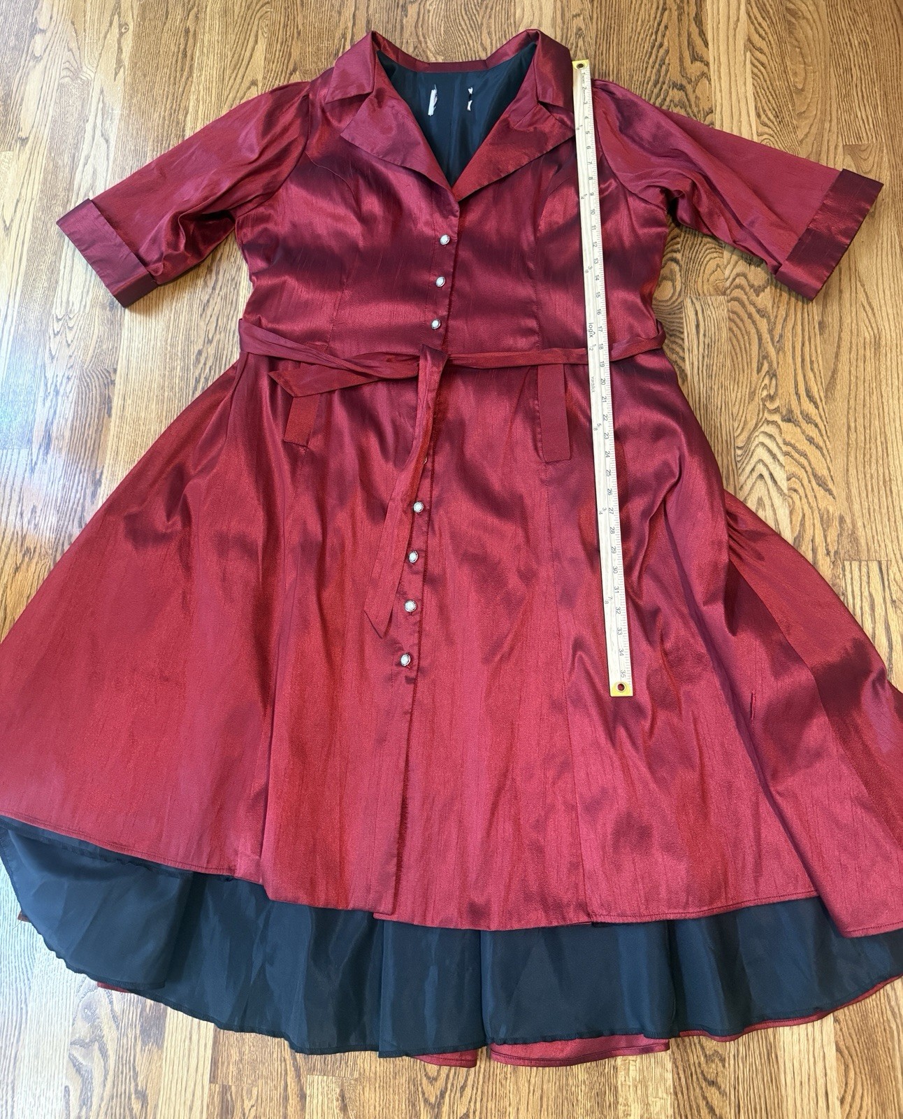 Vintage Wine Buttoned & Belted Portrait-Collar Taffeta Hi Low Dress Sz 2X