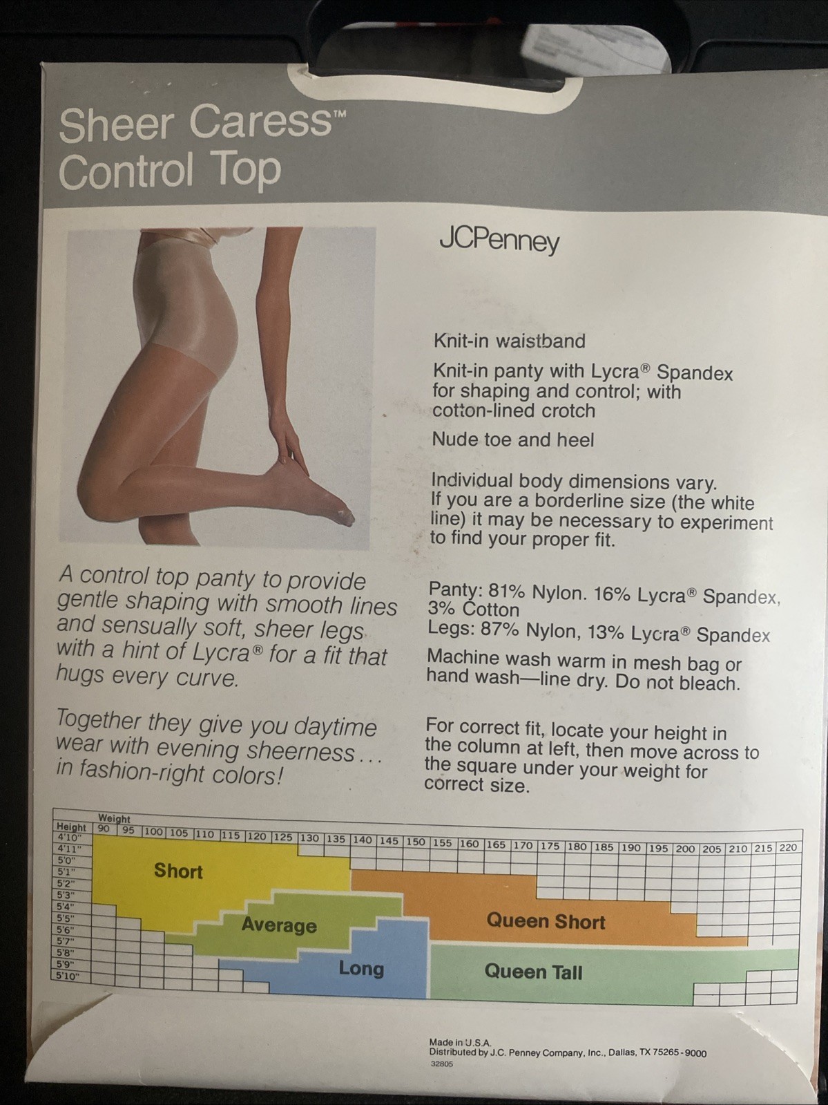 NIP NOS J.C. Penney Sheer Caress Control Top Pantyhose Off Black 89 Average Hose