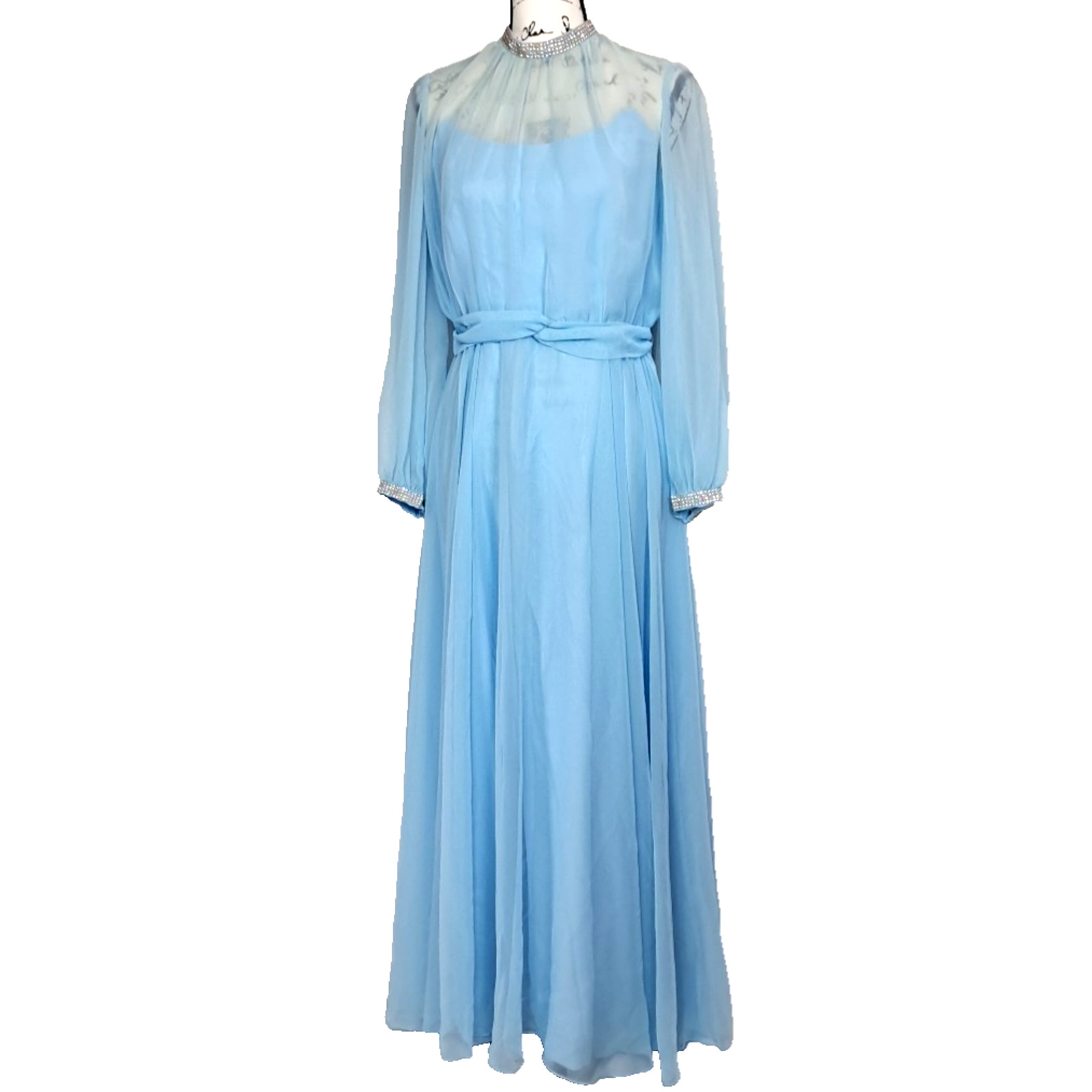 Vtg 70s Sheer Chiffon Rhinestone Maxi Dress Size 9 Blue Regency Formal Union Tag
