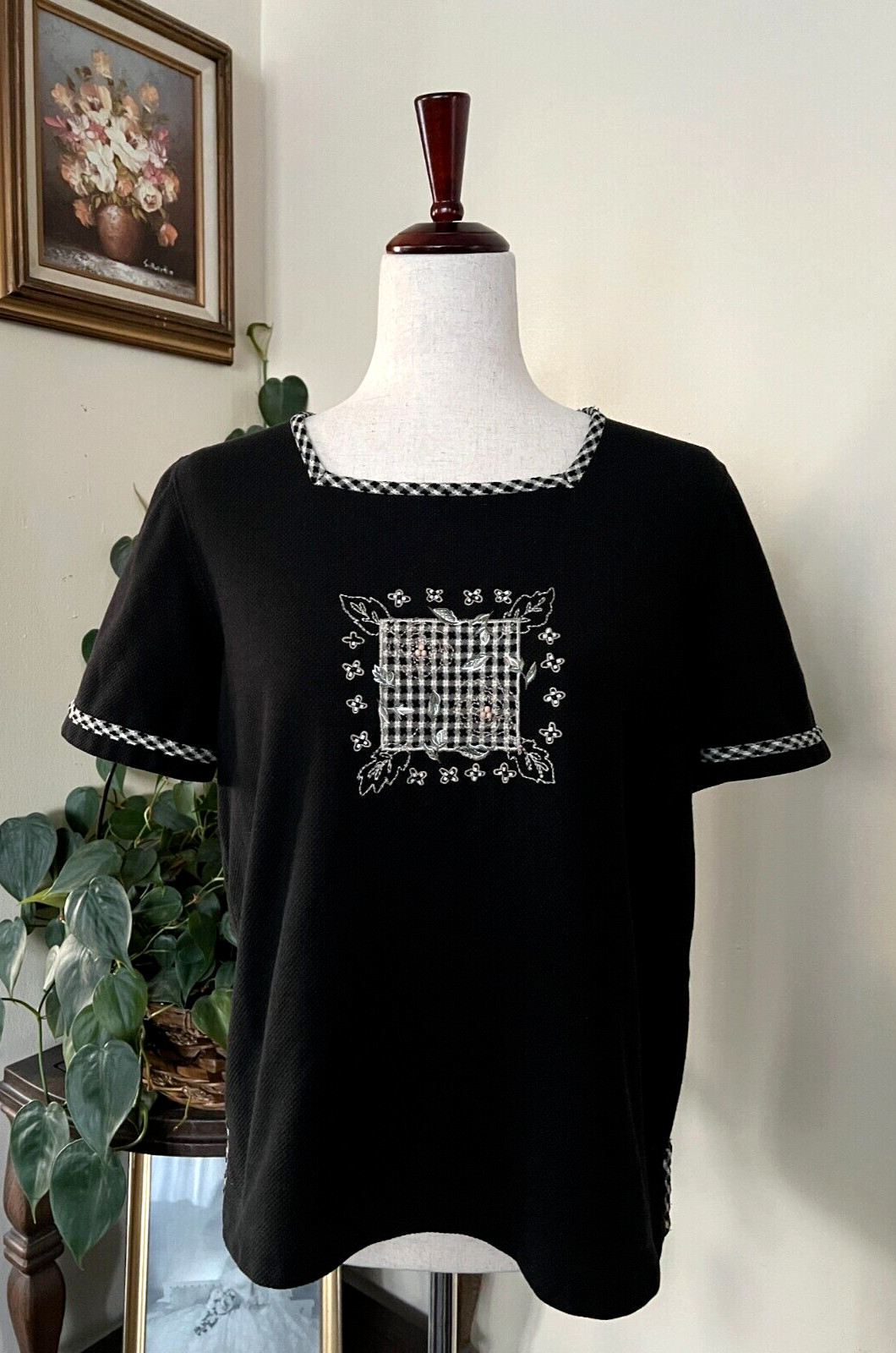 Koret City Blues Vintage Black Top Gingham Trim Sz M