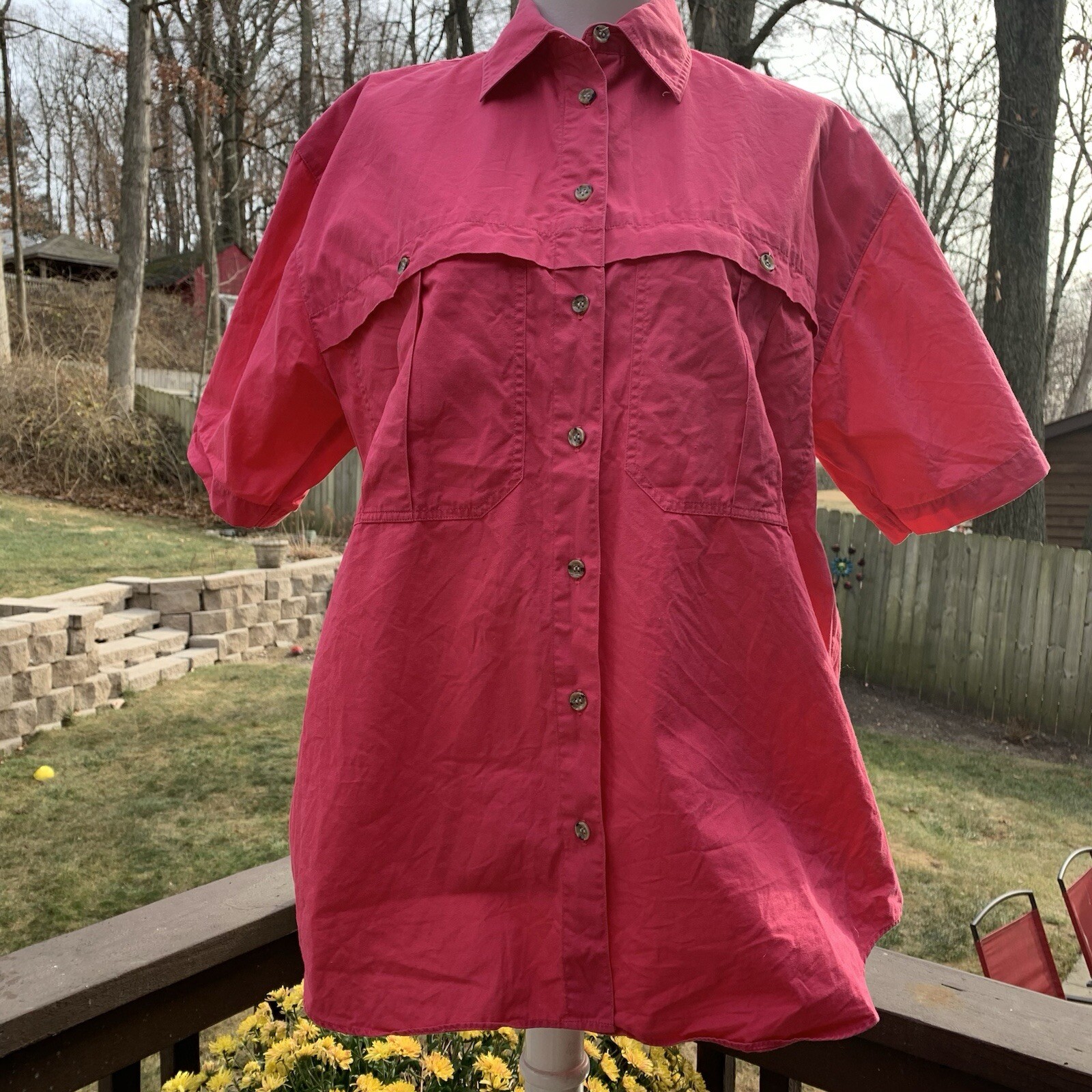 Vintage 70&rsquo;s Geoffrey Hunter casual button down Pink short sleeve shirt size L