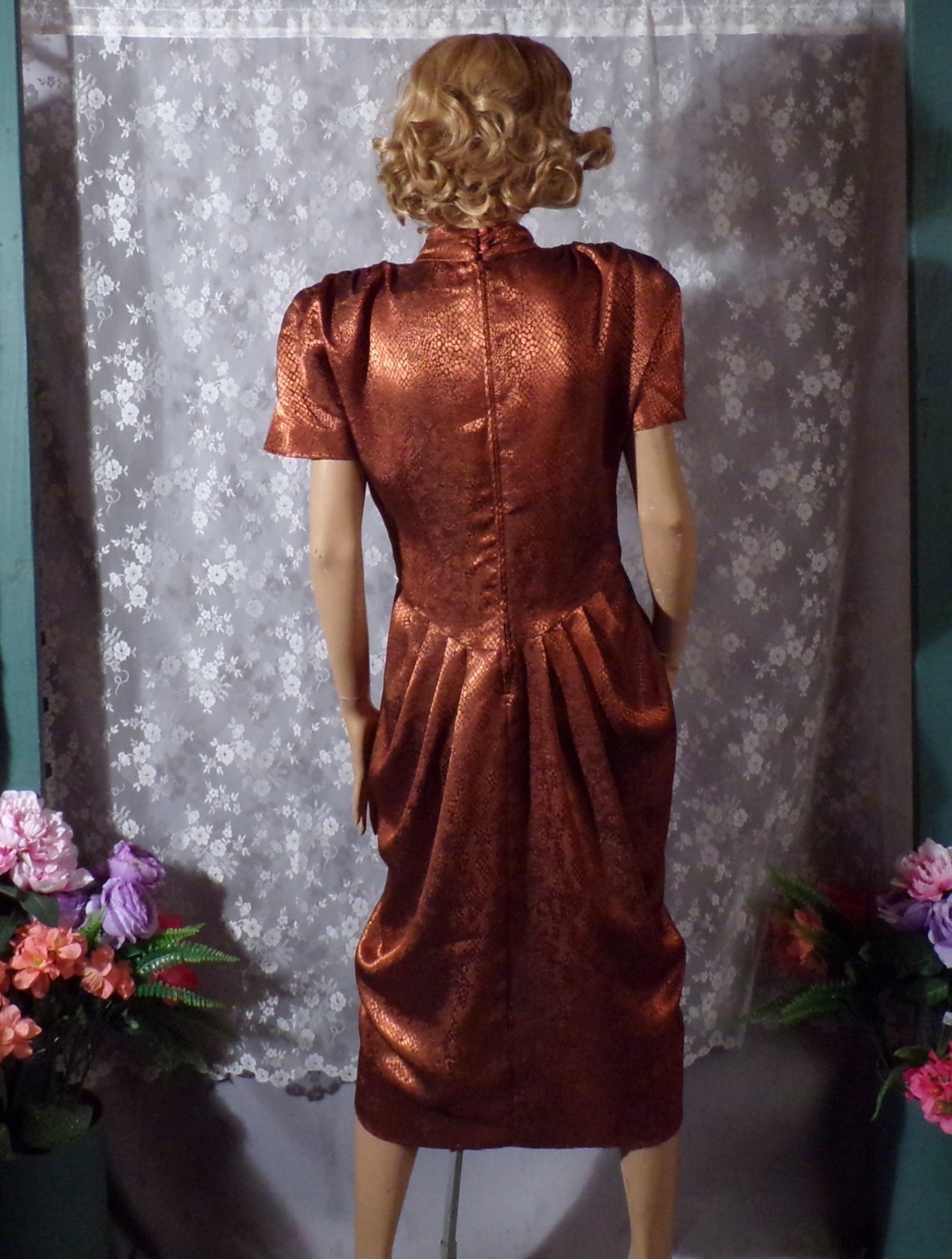 Vintage 80s Copper Cocktail Dress Size Medium 1980s Retro Snake Print Glam Chic