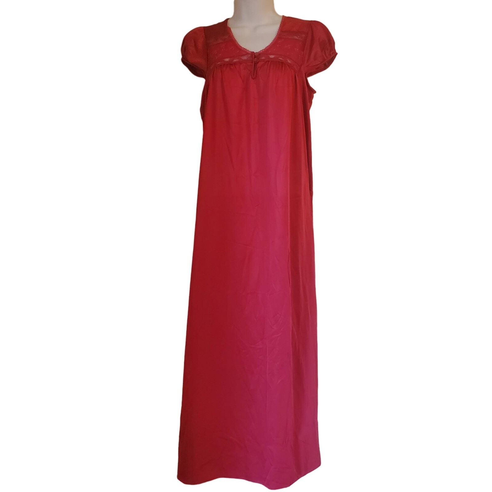 Texsheen Lingerie S Red Maxi Lace Embroidered Cap Sleeves Nightgown Lounge