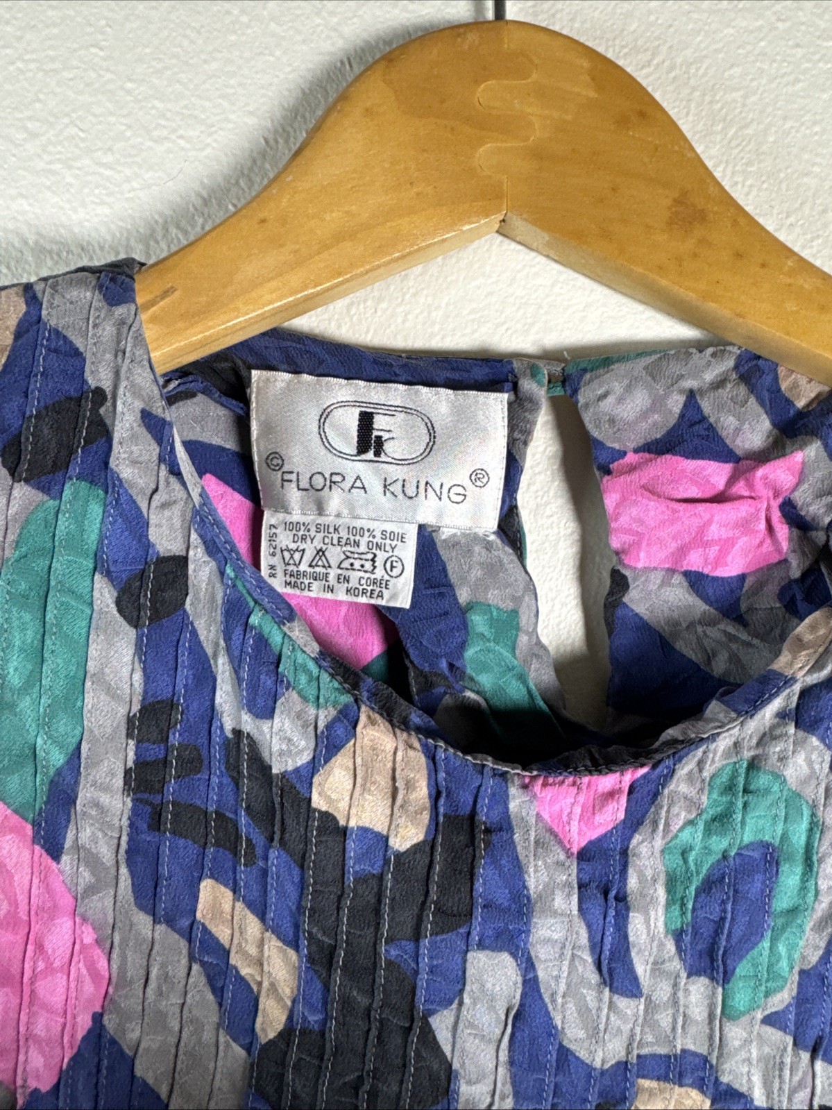 Vintage 80&rsquo;s Flora Kung Abstract multicolor, long sleeve silk Blouse