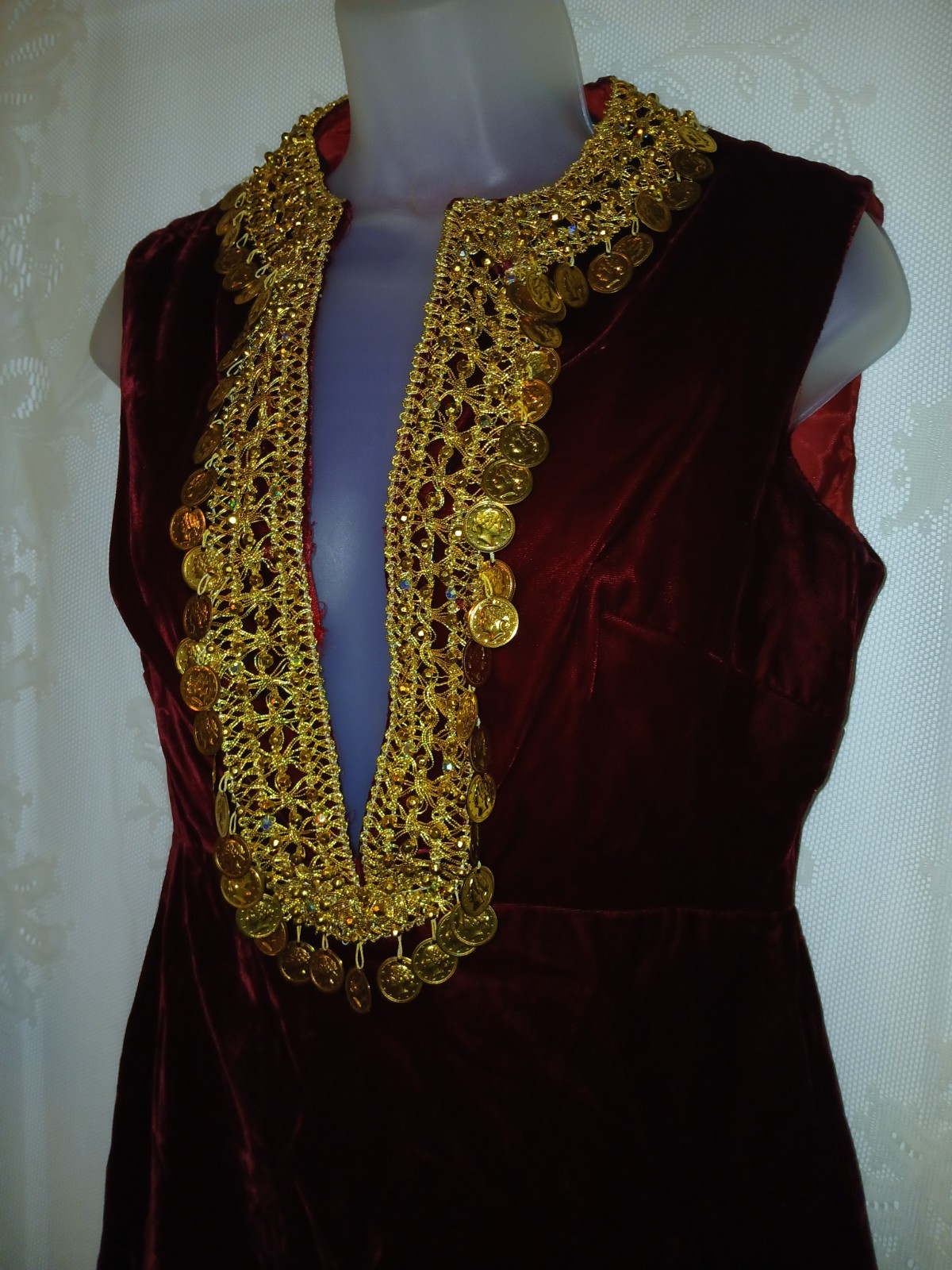 Vintage 60s Renaissance Revival Red Velvet Gold Brocade Coins Tunic Mini Dress