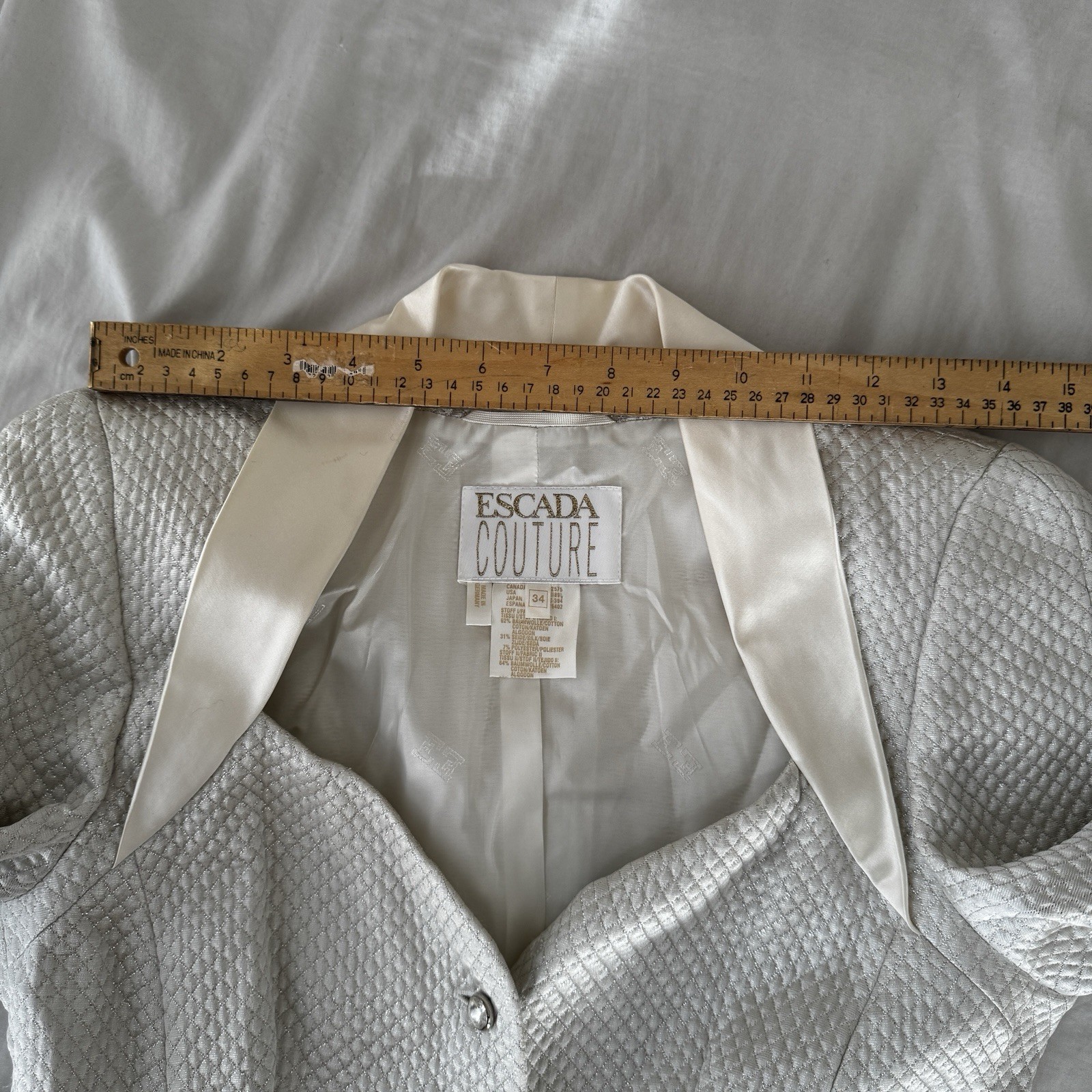 Vintage ESCADA COUTURE Silk Cotton White Silver Suit Jacket Blazer sz 34 Luster