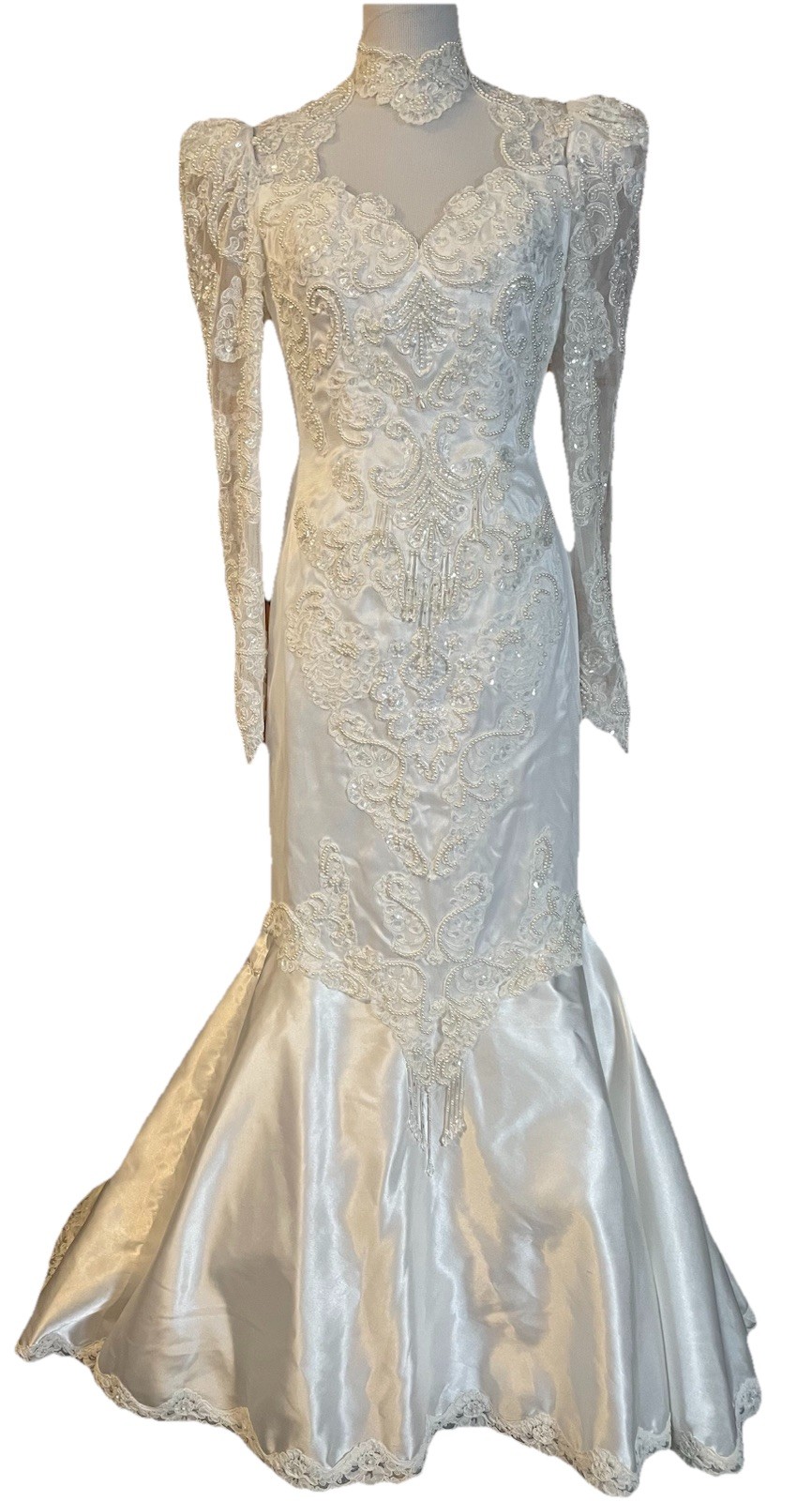 Vintage 70s Embellished Mermaid Wedding Gown Sz 8 Illusion Neck 11” Train White