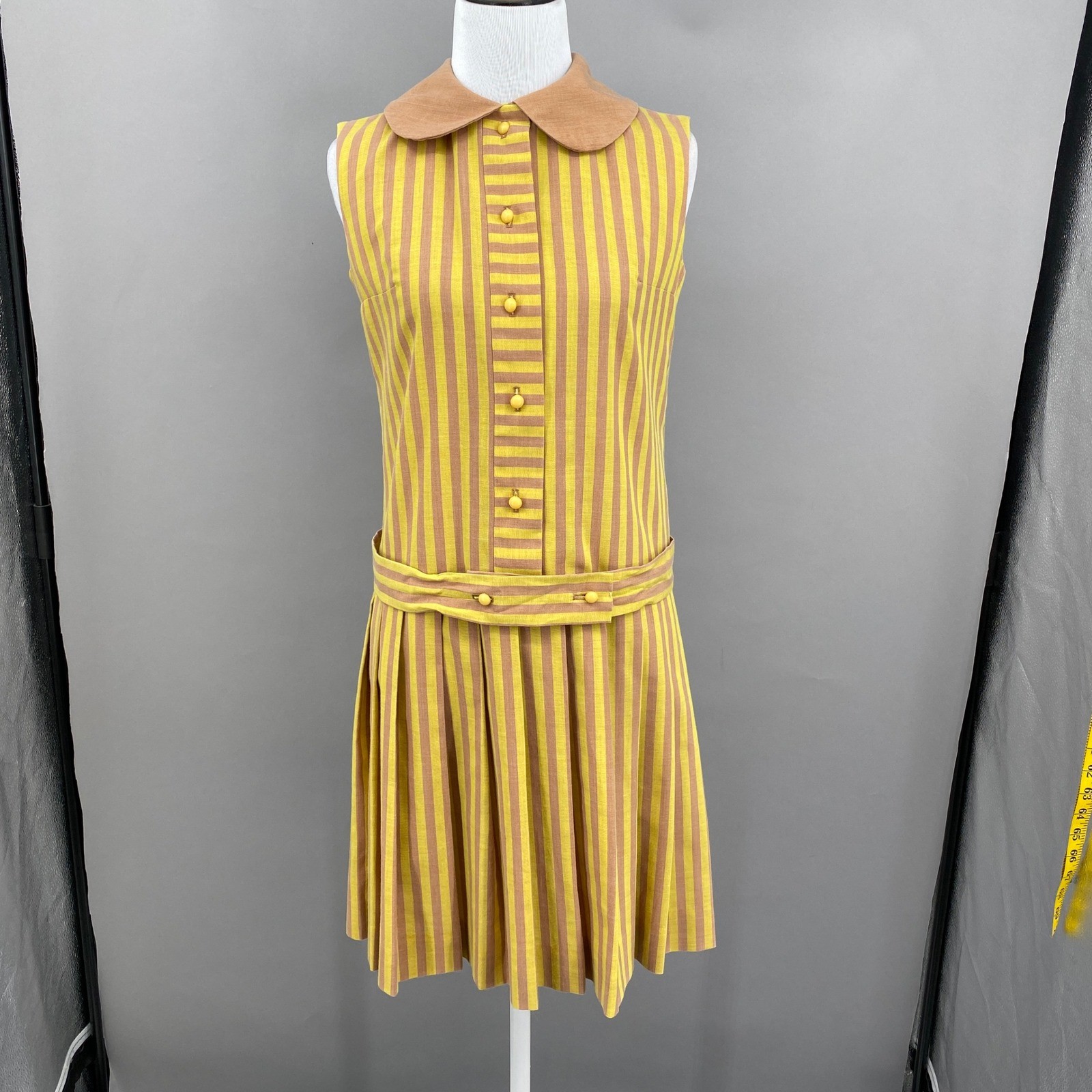 Vintage 60s Pacemaker Juniors Striped Drop Waist Pleated Dress Size XS Small Mod