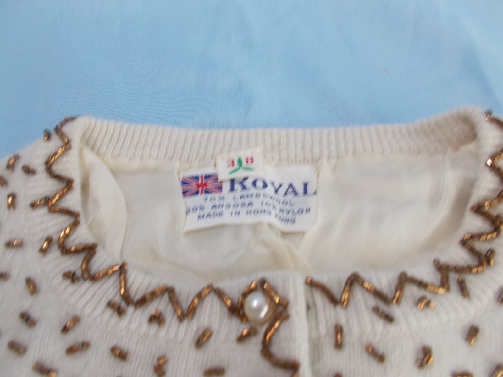 Vintage ladies BEADED WOOL CARDIGAN sweater ivory with bronze beading Sz. 38