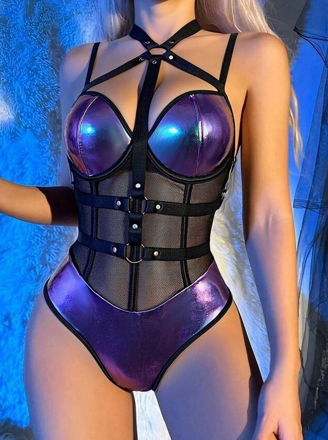 WET Look Ombre Soft Metallic Bodysuit Waist Belt Sissy Teddy Lingerie 2XL NEW