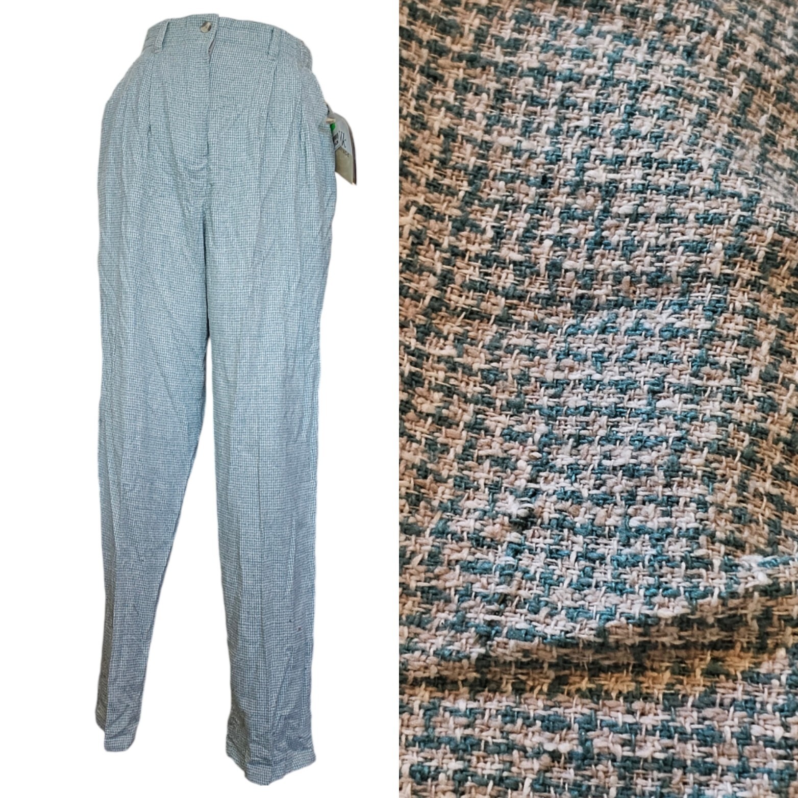 Vintage 90s Womens Size 6 Boucle Silk Pleated Trousers Cream Green Inseam 29.5&Prime;
