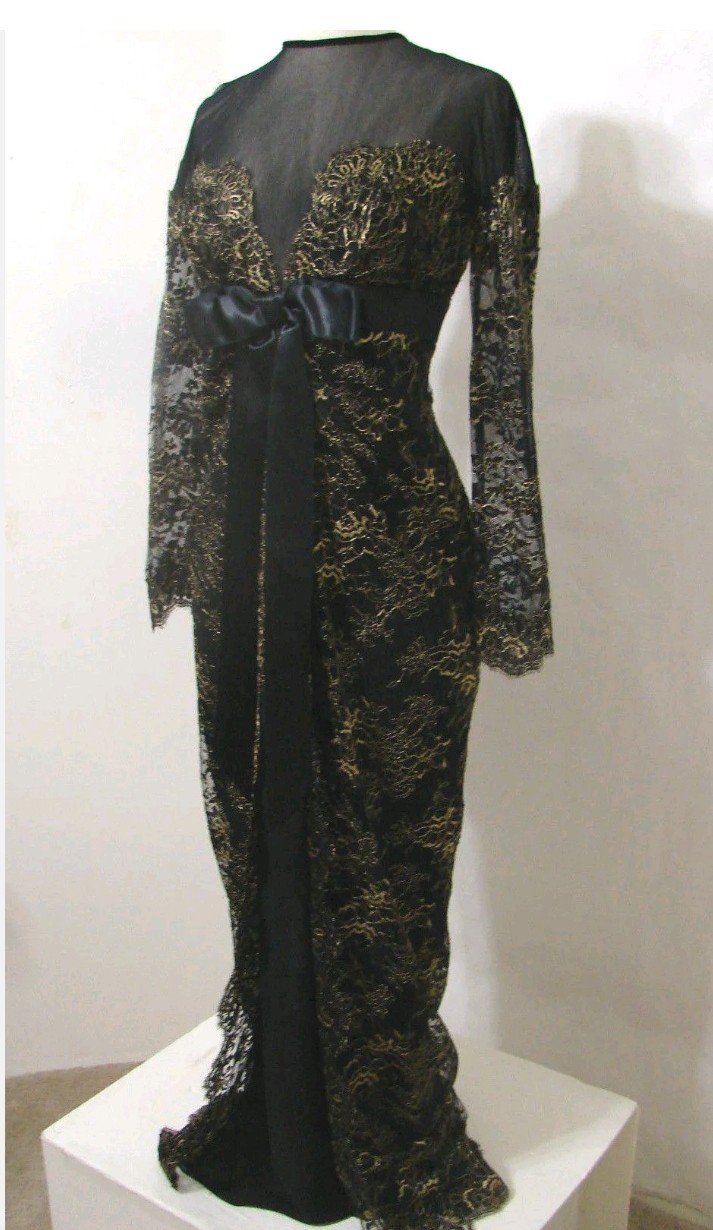 ISABELLE ALLARD Black Lace Gown Floral Trim LS France 42