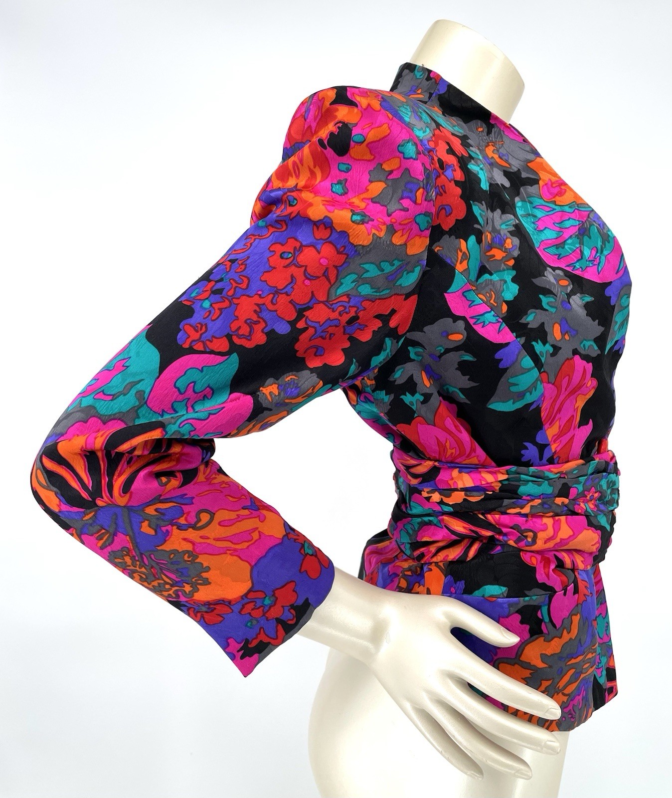Vintage Iconic 80s Flora Kung Bold Abstract Floral Silk Asian Jacket Obi Belt XS