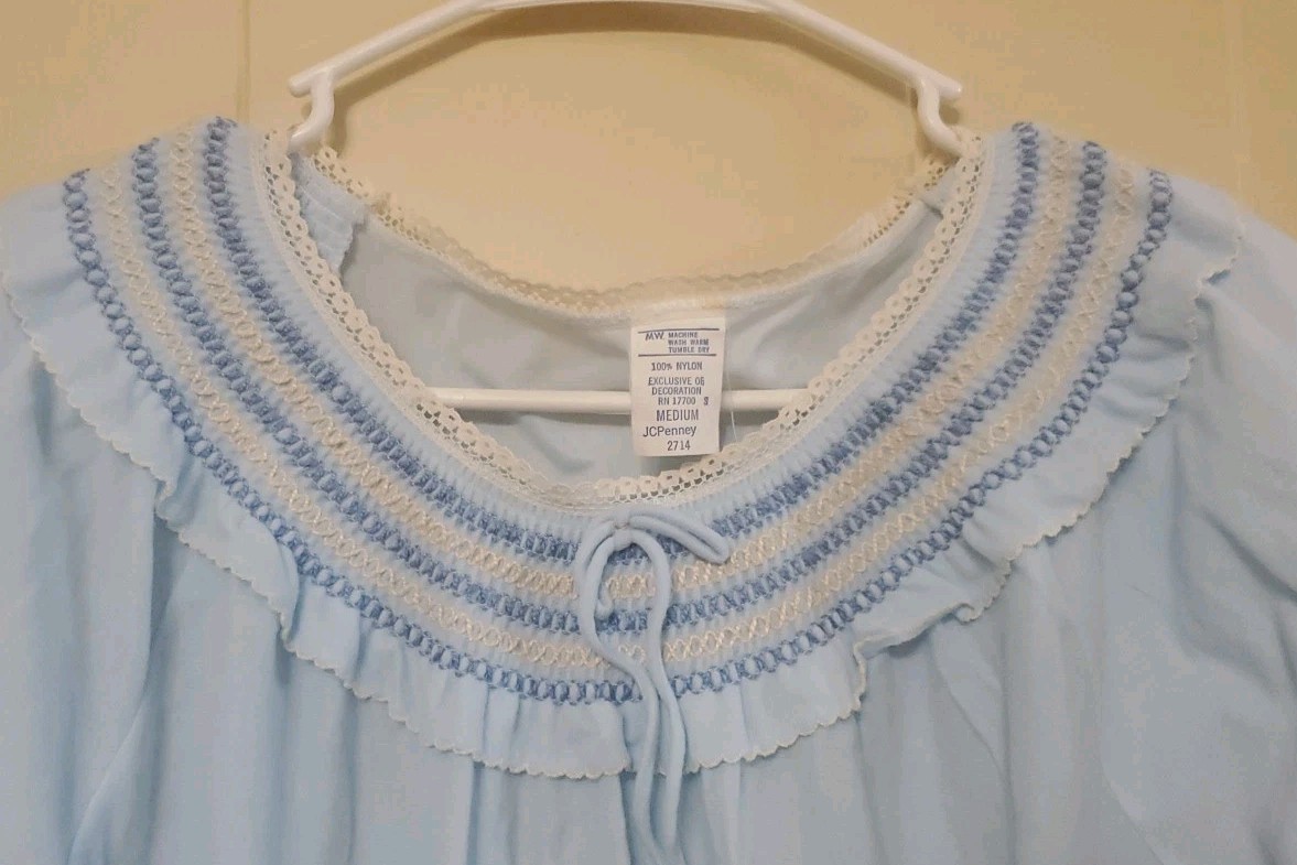 VTG JCPenney Solid Blue Nightgown M Striped Ruffle Collar Maxi New Old Stock