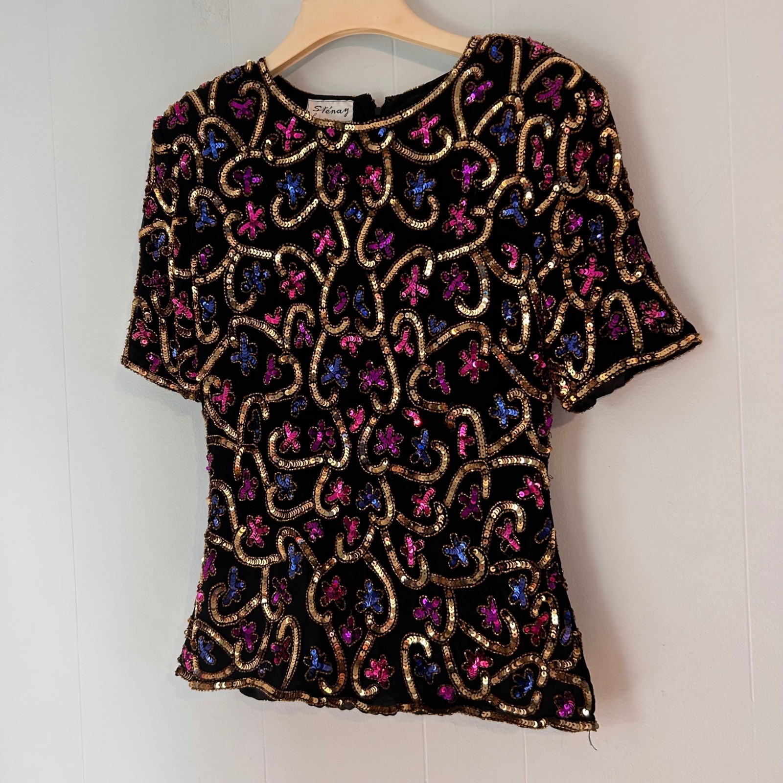 Stenay Vintage Silk Beaded Sequin Top Black Gold Pink Blue Floral Evening M