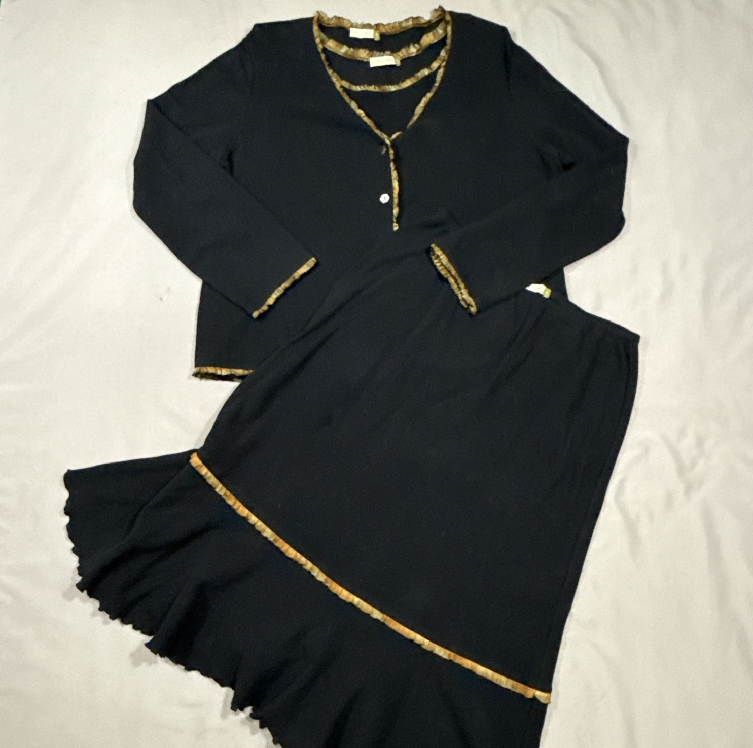 VTG Chalis Women’s 3 Piece Cardigan Shell Skirt Set Black Size XL Cotton & Silk