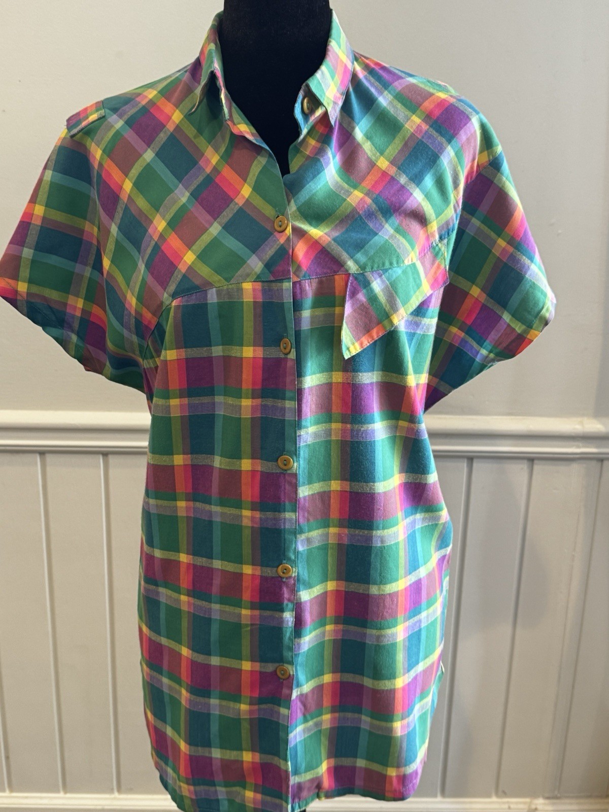 Vintage 80s Rainbow Plaid Button Down Camp Shirt Retro Dopamine Quirky Top