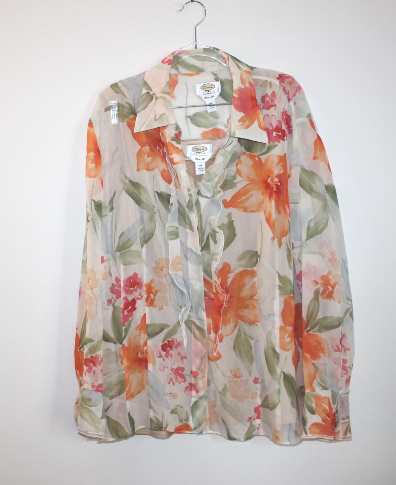 Talbots Woman 100% Silk 2-Piece Set 18 W Petite Sheer Floral Blouse & Tank Top