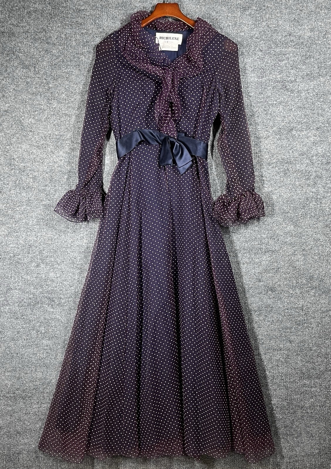 VINTAGE 70s Richilene Dress Small Ruffle Chiffon Maxi Gown Polka Dot Saks Fifth