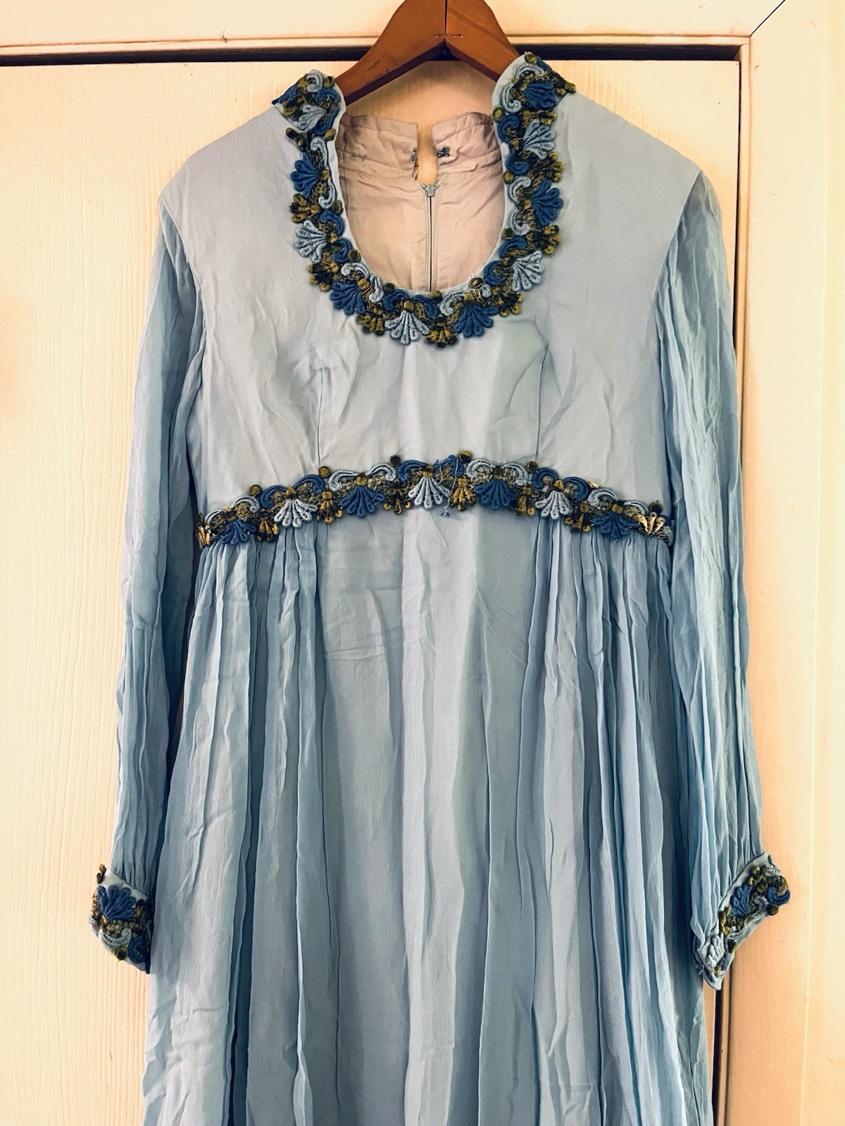 VTG 60s Prom Renaissance Embroidered Hippie Silk Chiffon Babydoll Maxi Dress