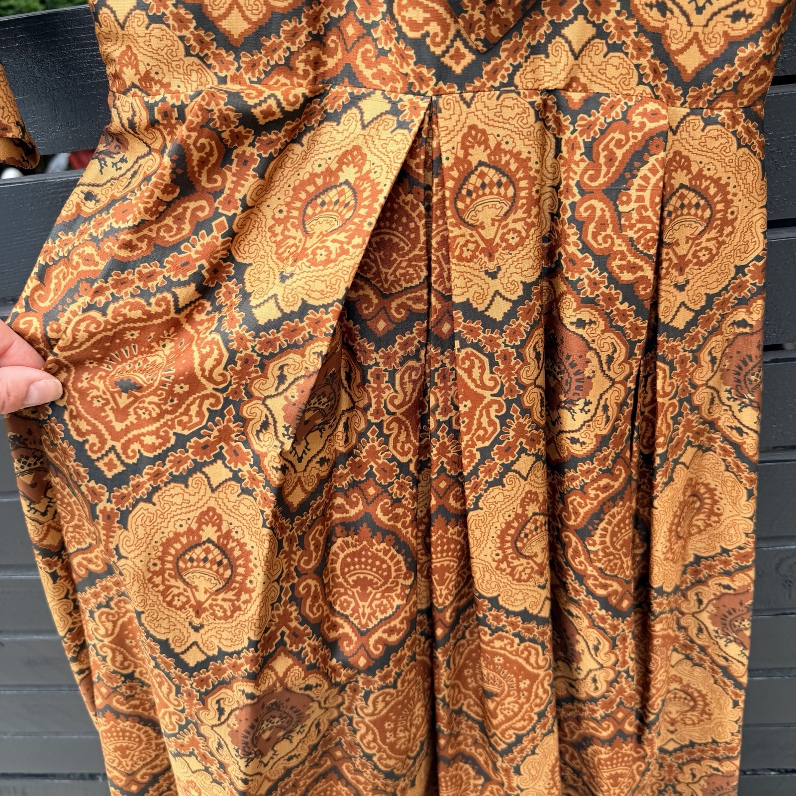 Vintage 50s 60s Fit & Flare Evening Dress Swing Skirt XS Copper Brown Paisley