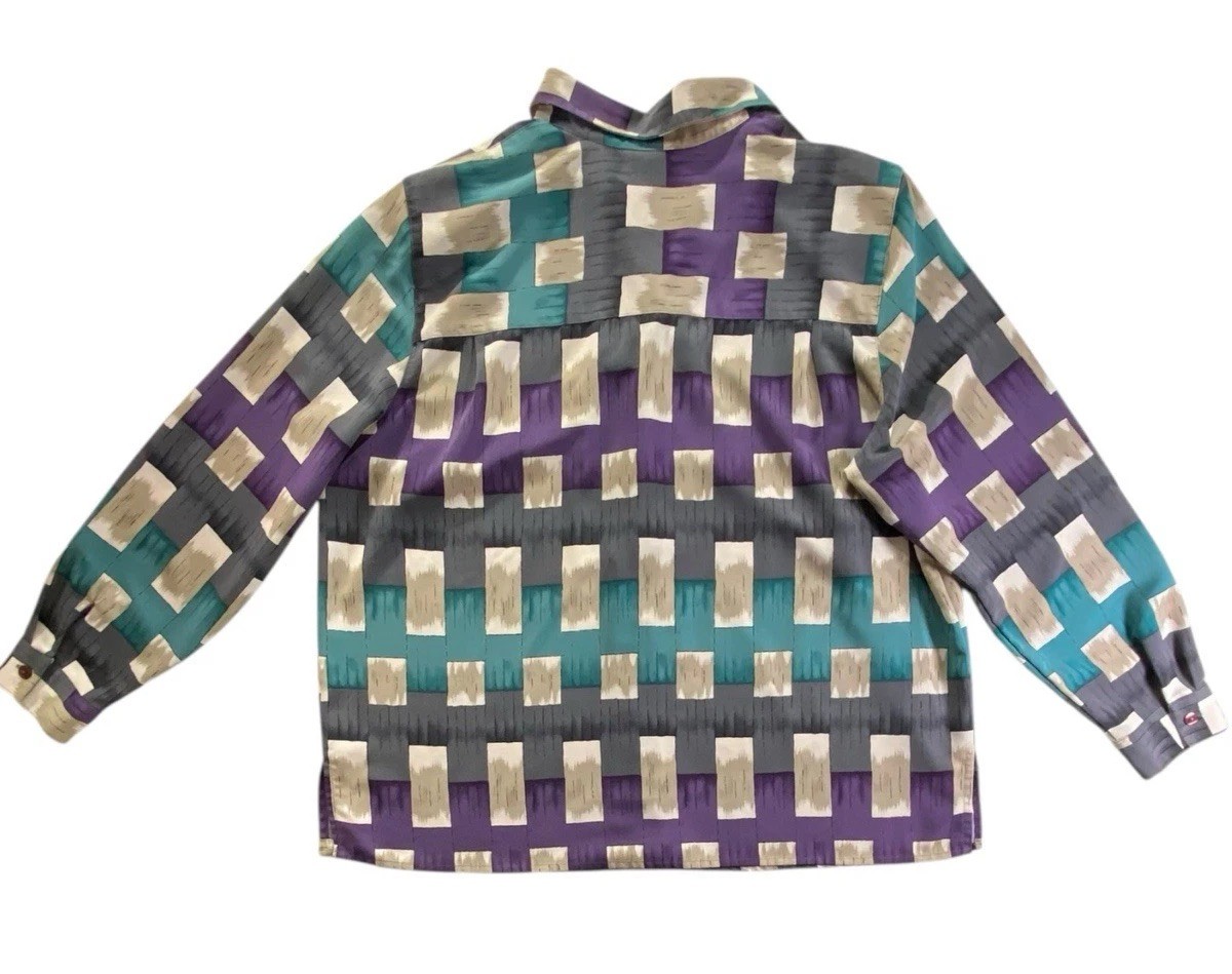 Alfred Dunner Women 18W Geometric Button Up Blouse Purple Teal Beige