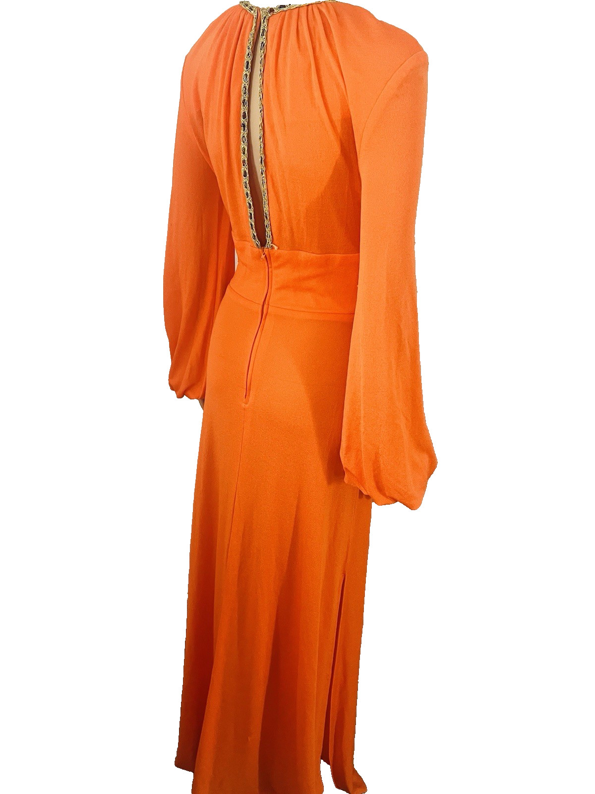 VTG 70s Funky Mod Orange Belted Maxi Dress Sexy Plunging Keyhole Front/Back Med
