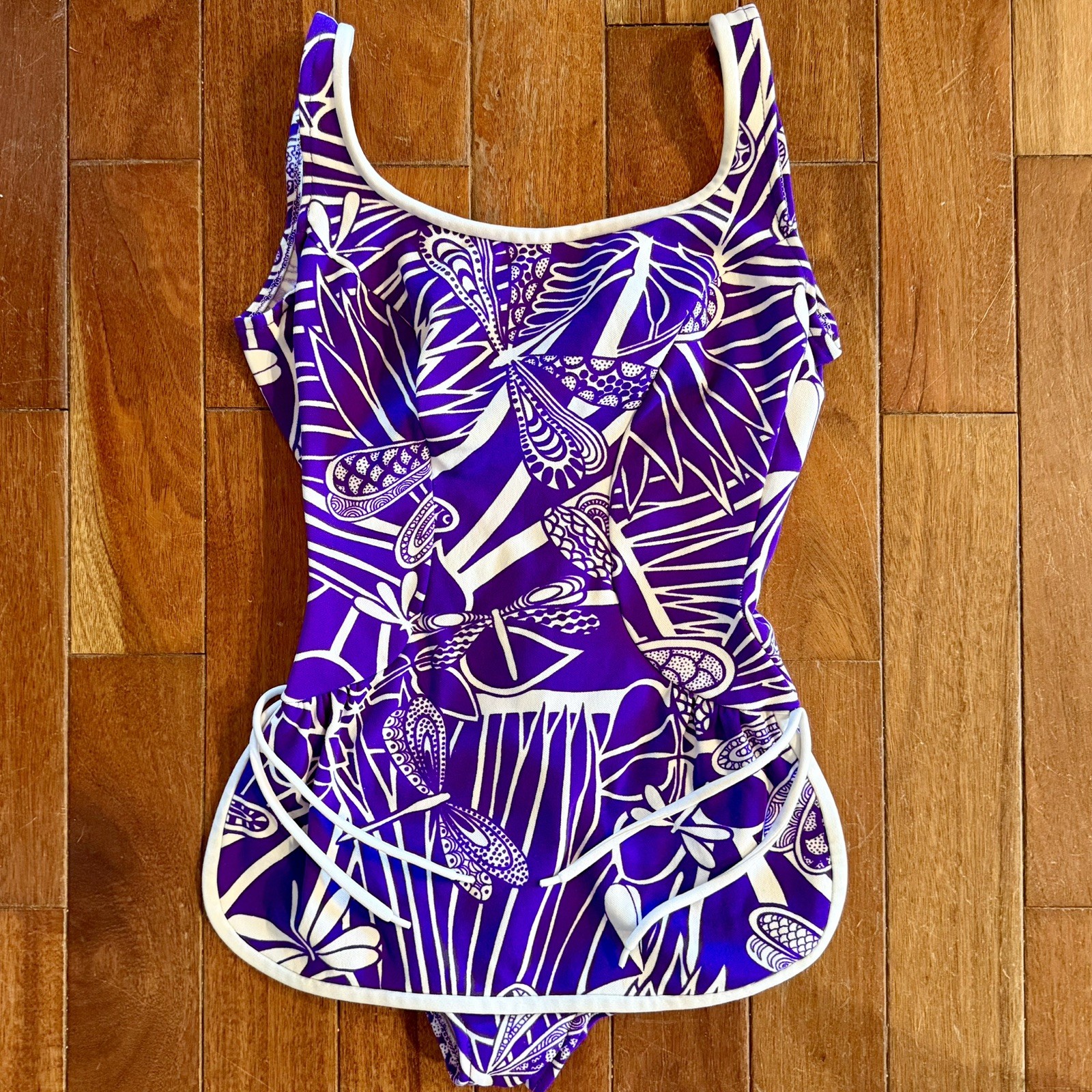 Vintage 1960s Robby Len Swimsuit Dress PURPLE Dragonfly Sz L 11/12 Union Tag