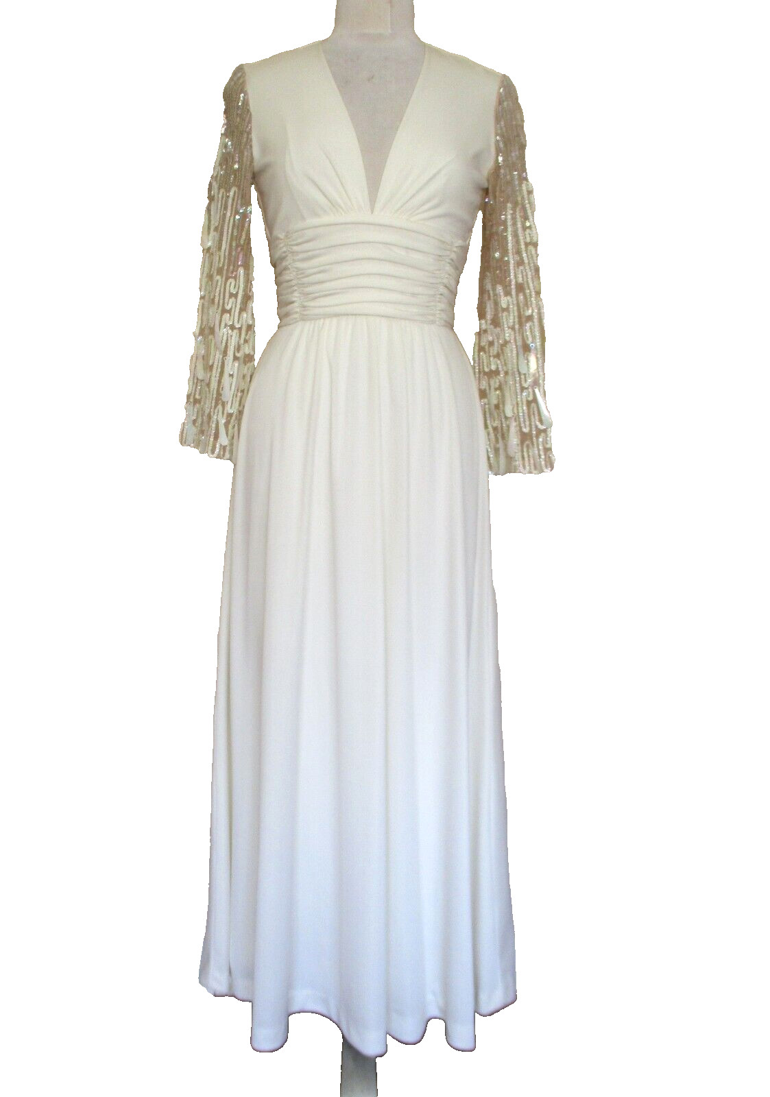 Vtg 70s Lilli Diamond Maxi Dress Gown XS/S Ivory Drop Sequin Statement Sleeves