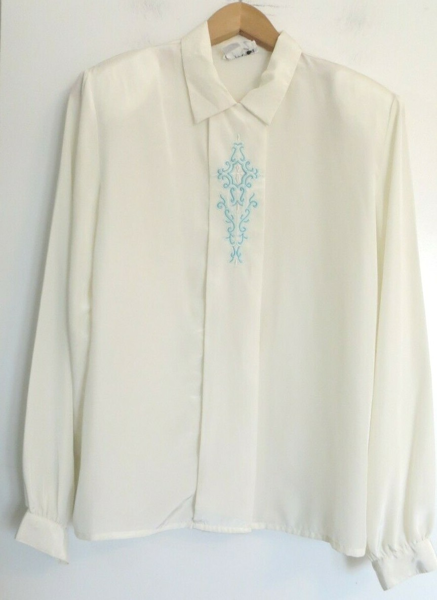 Vintage Joyce Blouse Shirt Womens 14 Large Button Up Long Sleeve Ivory Blue Deco