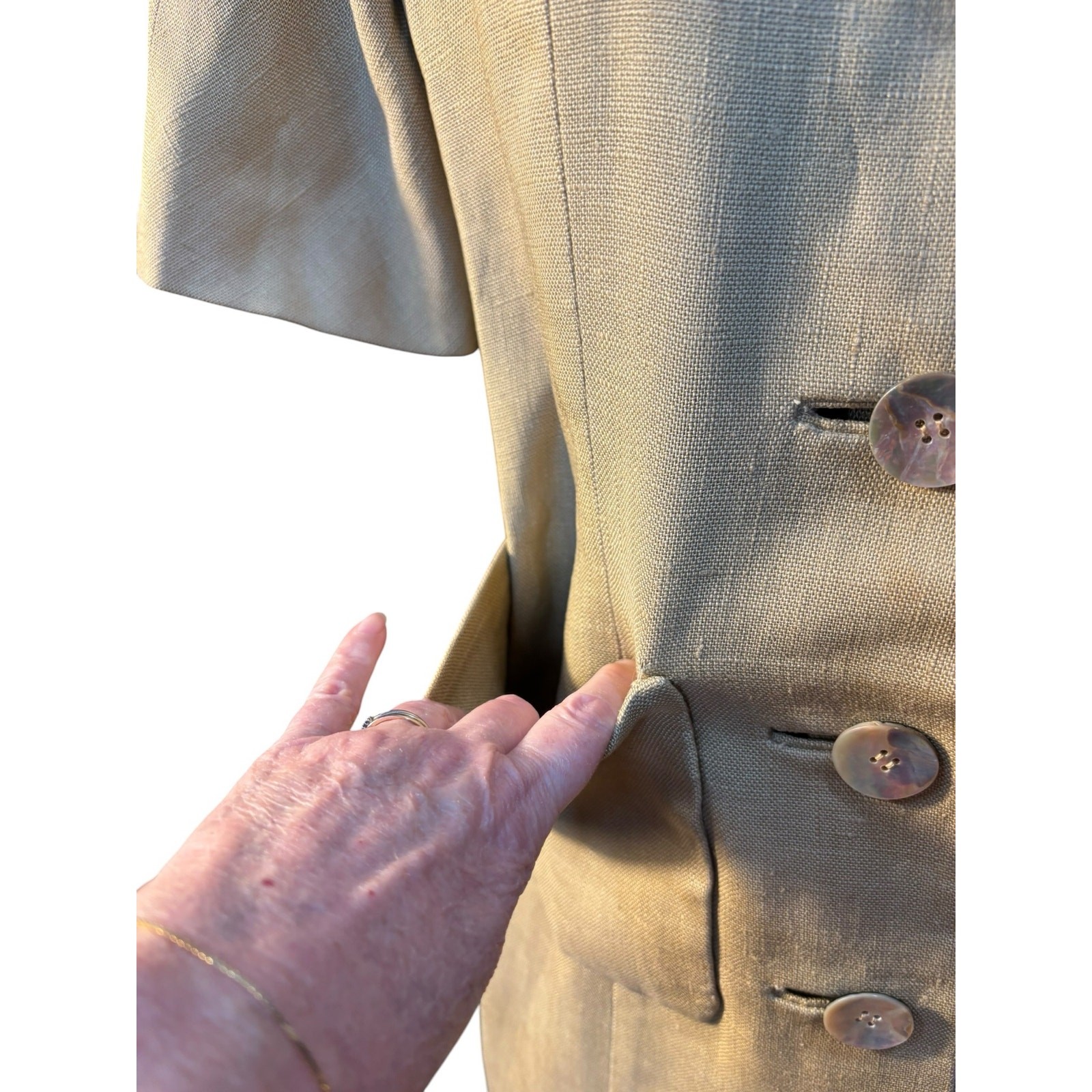 Oatmeal Linen Mod Dress 1960s Shell Button Shift Jackie O Pockets 36 38