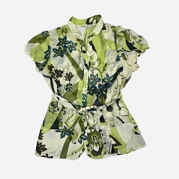 Y2k sheer green floral work top / 10 M/L / funky, retro, interview, office, corp