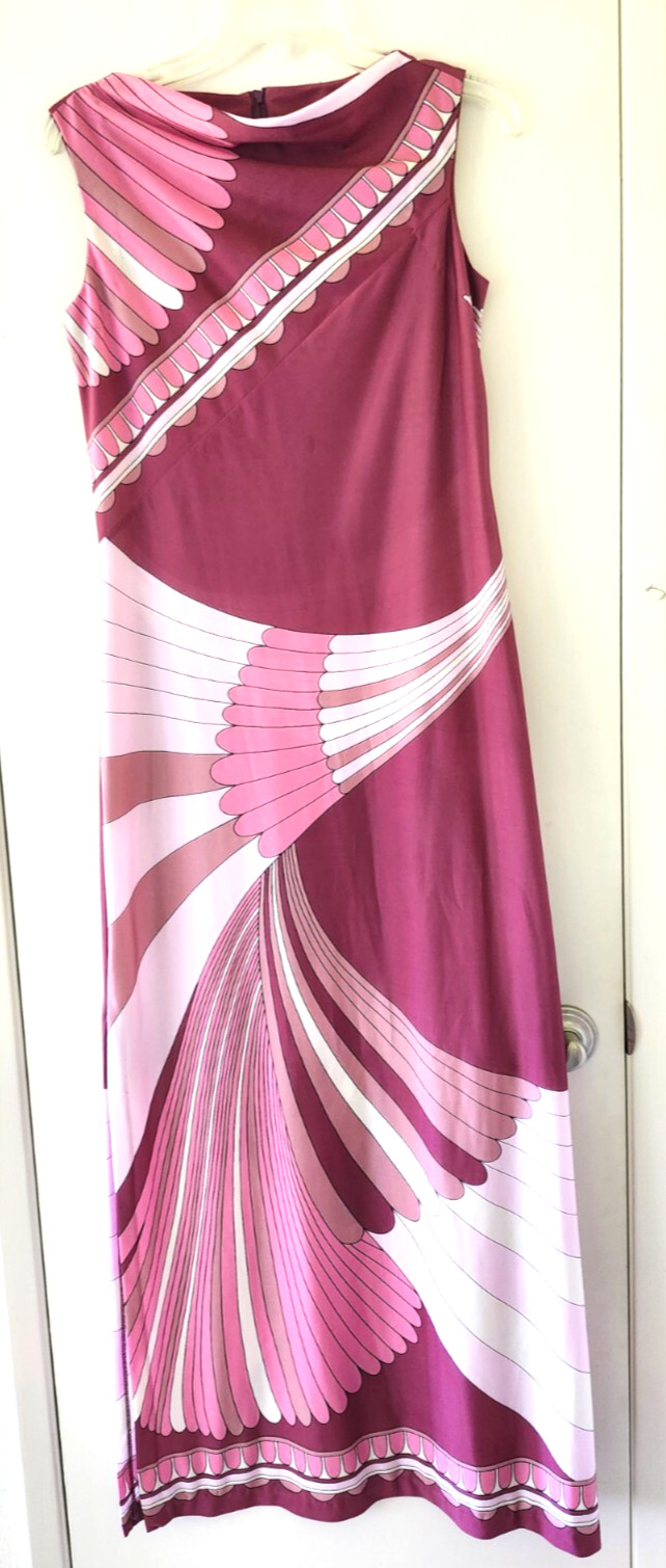 Vintage 1970&rsquo;s Cole of California Maxi Dress Abstract Mauve/Pink Zip Back Small