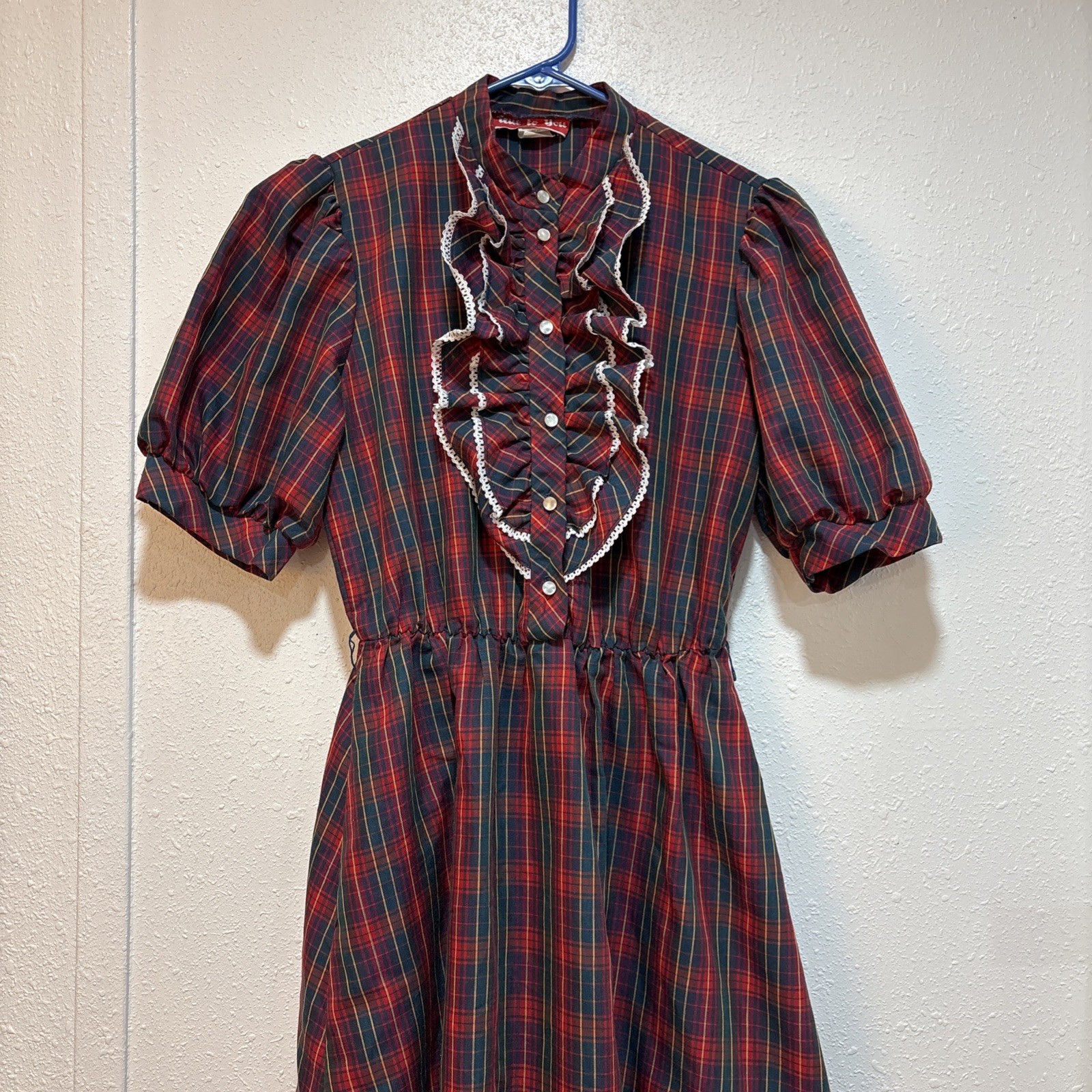 80’s Tartan Ruffled Front Plaid Red Green Yellow Plaid Western Prairie Dress