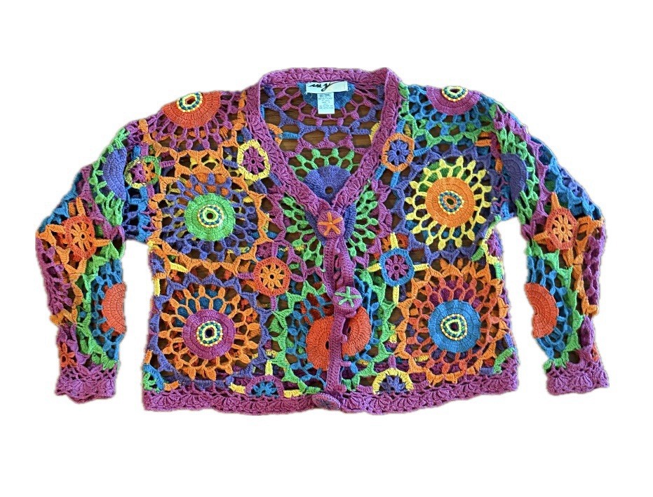 90&rsquo;s Vintage Colorful Grandma Crochet Long Sleeve Sweater
