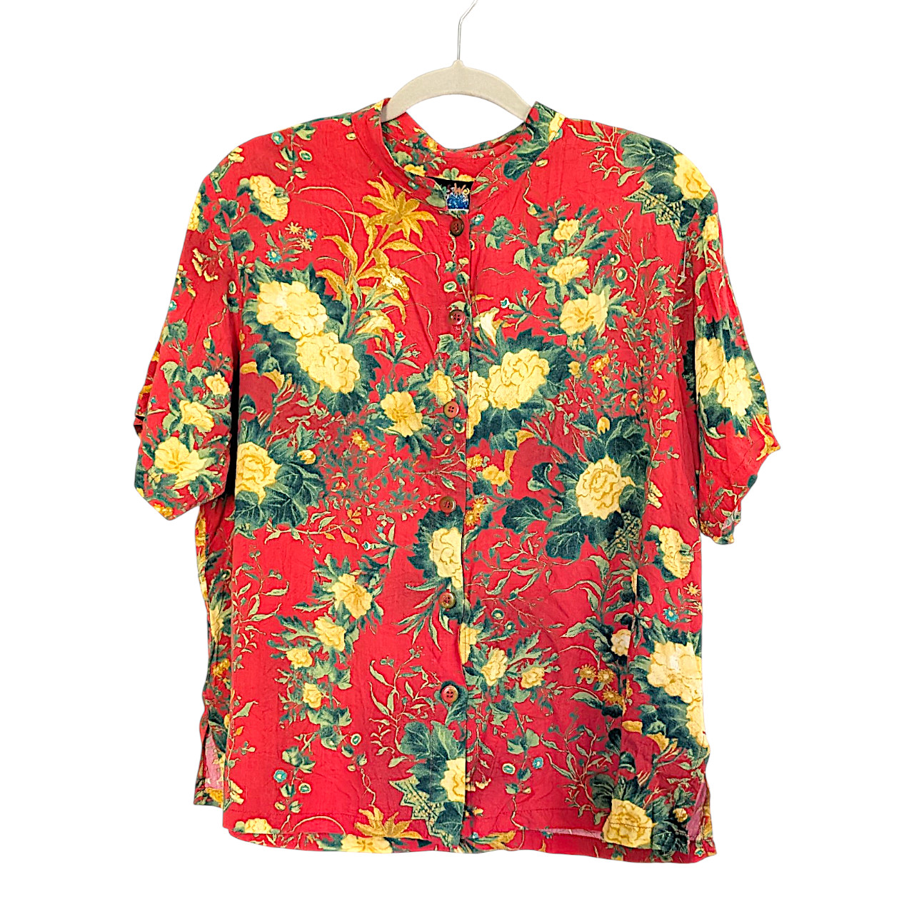 Jams World vintage LE USA made 100% rayon floral mao neck side slits boxy shirt