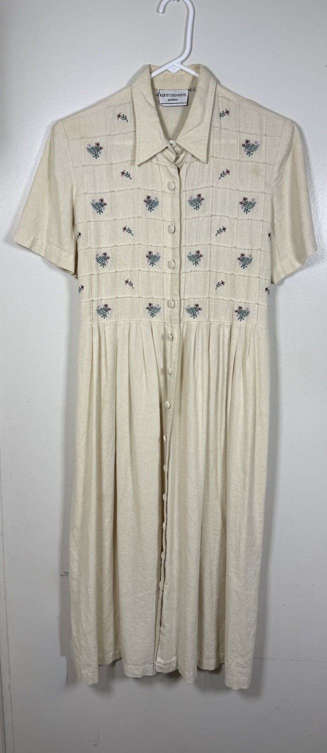 Vintage 80s/90s Karin Stevens Petite Floral Embroidered Midi Shirt Dress Cream