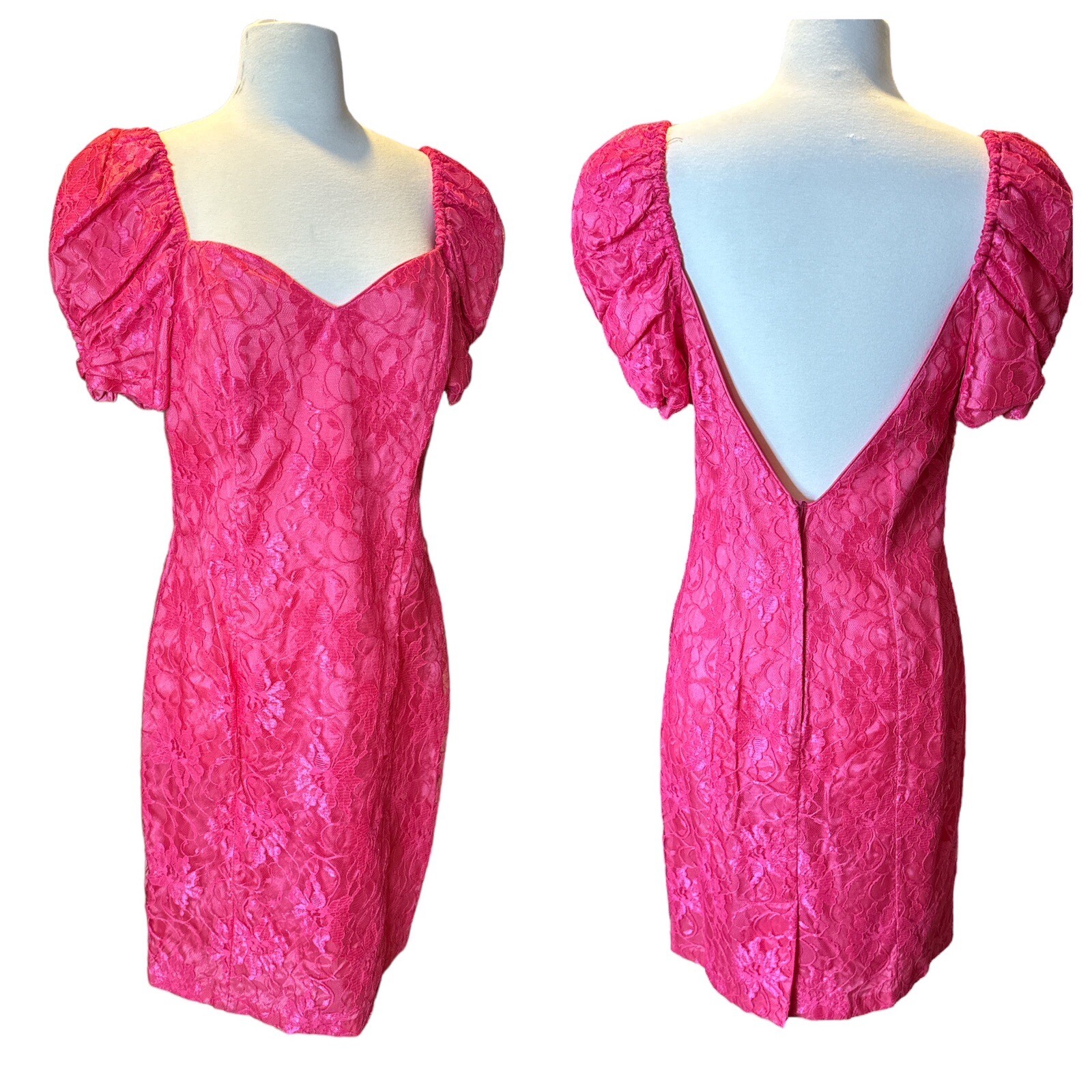 Vintage 80’s LA Glo Hot Pink Lace Dress Cocktail Party Size 13/14 Puff Sleeve