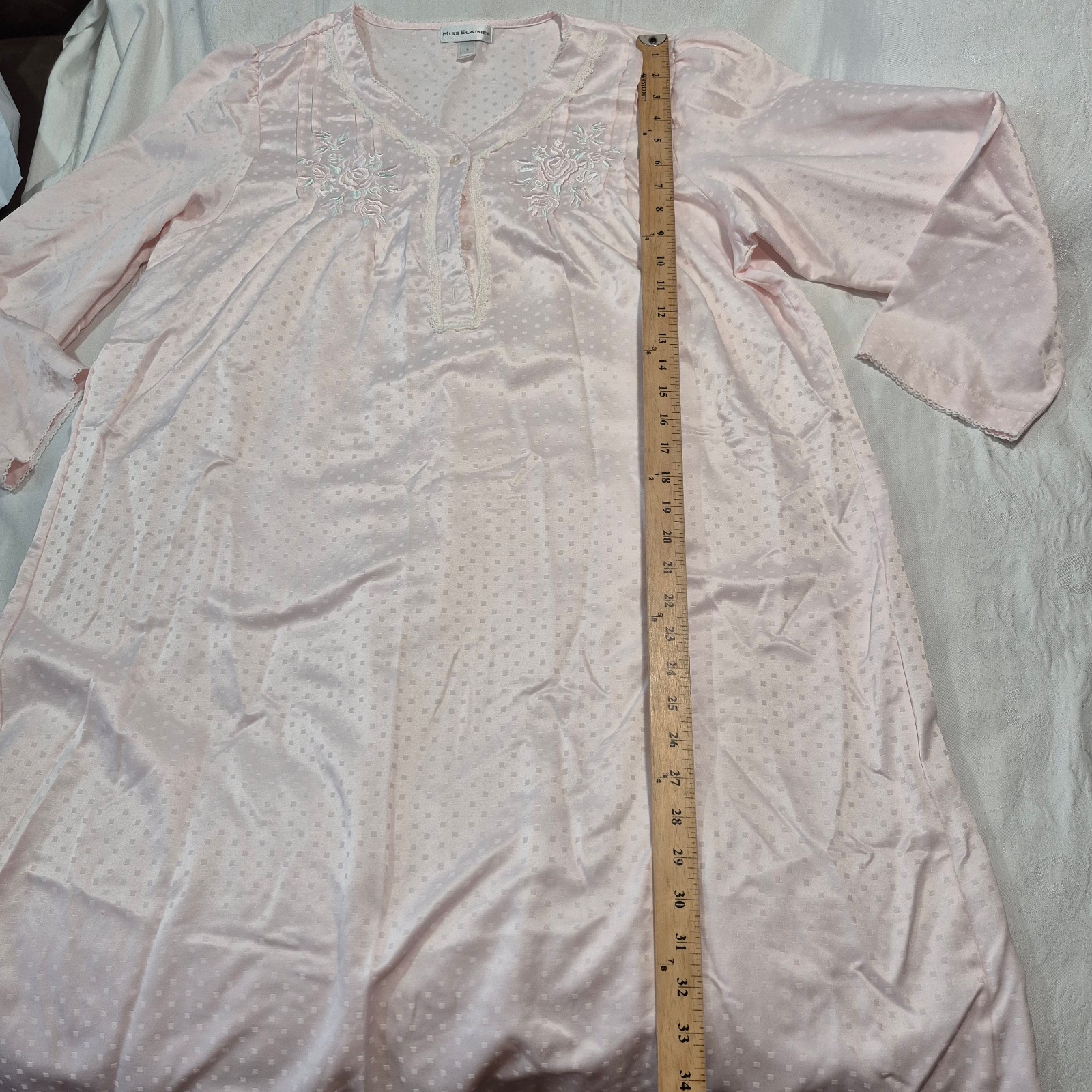 VTG Miss Elaine Pink Check Satin Nightgown Embroidered Floral Size L 90s