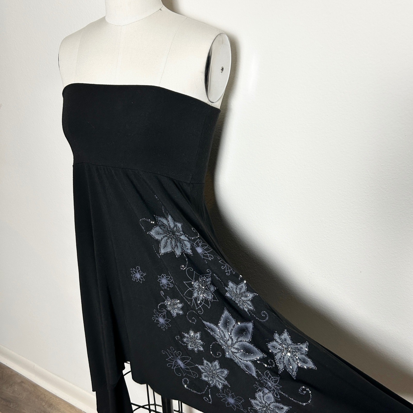 VTG Y2K ON&ON Convertible Strapless Dress Skirt Black Floral Beaded Fairy Hem OS