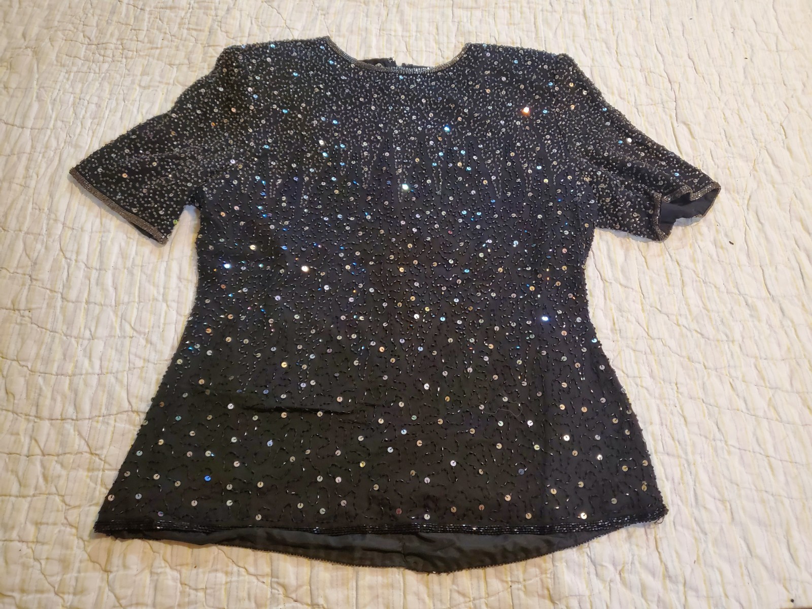 Stenay Top Sz M Black Silver Silk Beaded Sequin Lined Shirt Special Party Blouse