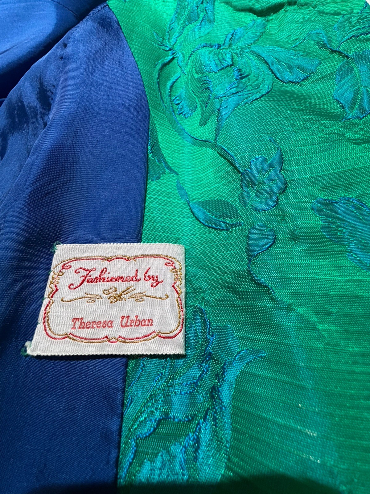 Vintage Custom Tailored Teal Green Blue Jacquard Floral Long Opera Cape-One Size