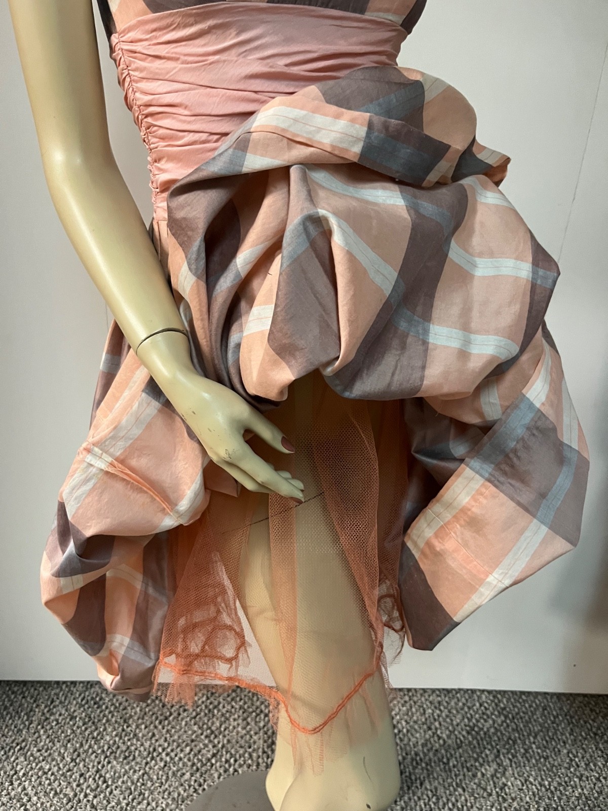Vintage 1950 Plaid Back Zipper Cummerbund Crinoline Cocktail Party Dress Bust 33
