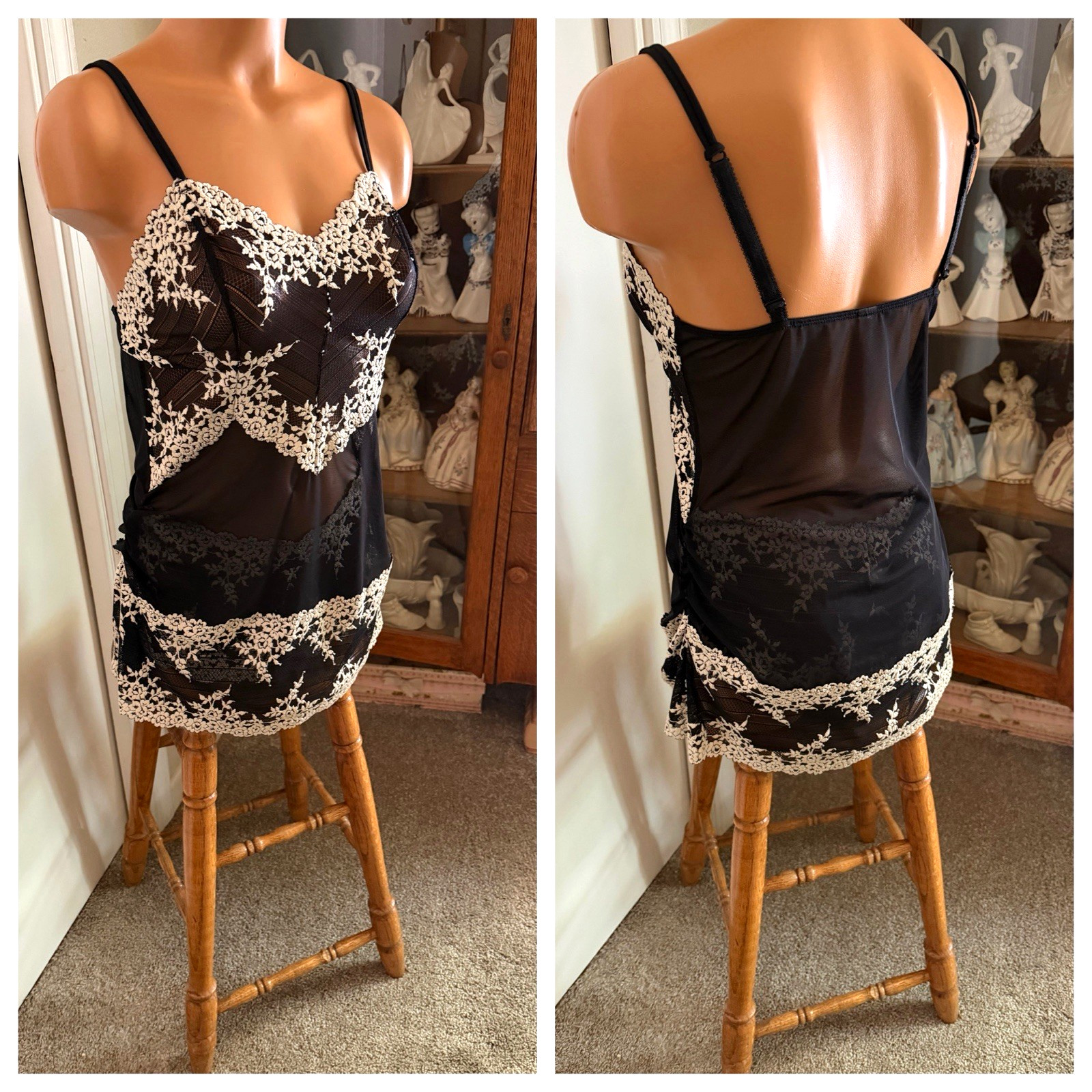 VTG Y2K WACOAL BLACK & IVORY MESH LACE BABYDOLL NIGHTGOWN SET SZ M-L