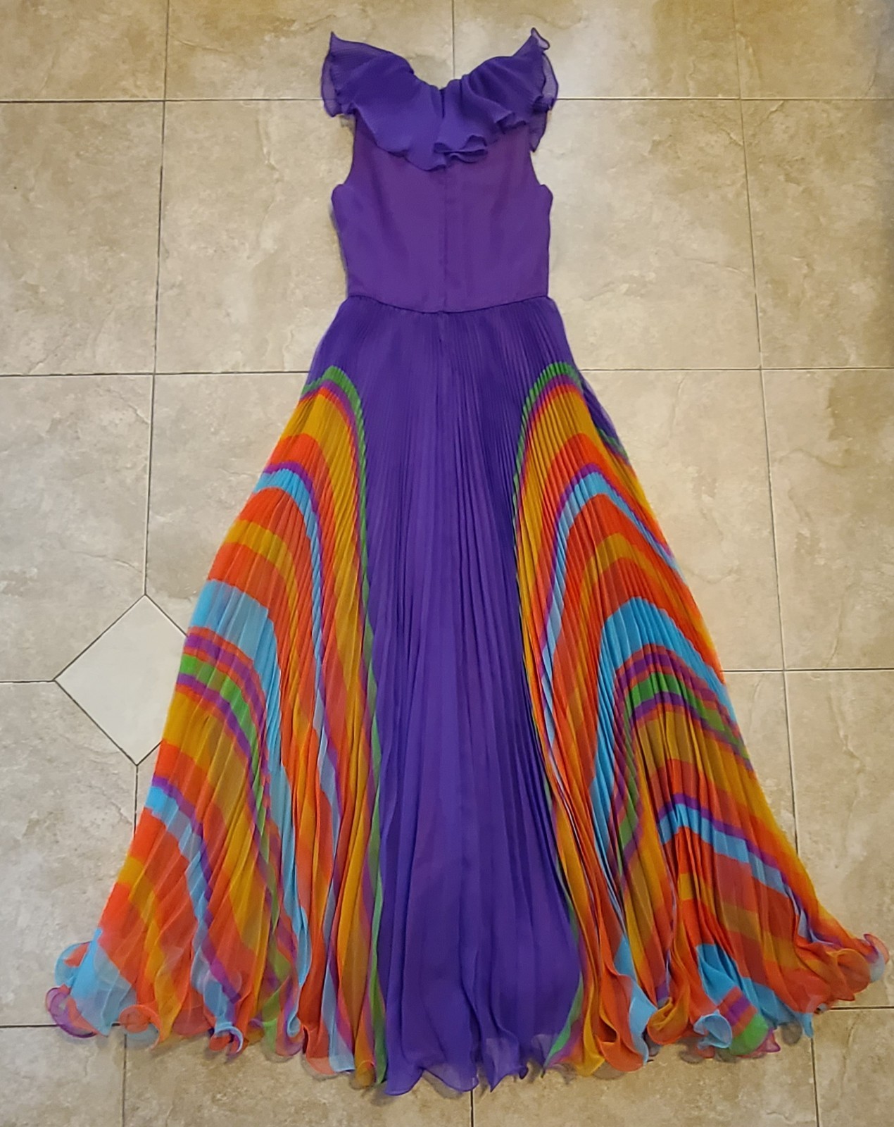 VTG Chiffon Pleated Rainbow Stripe Purple Maxi Dress Ruffle Collar V Neck UV Glo
