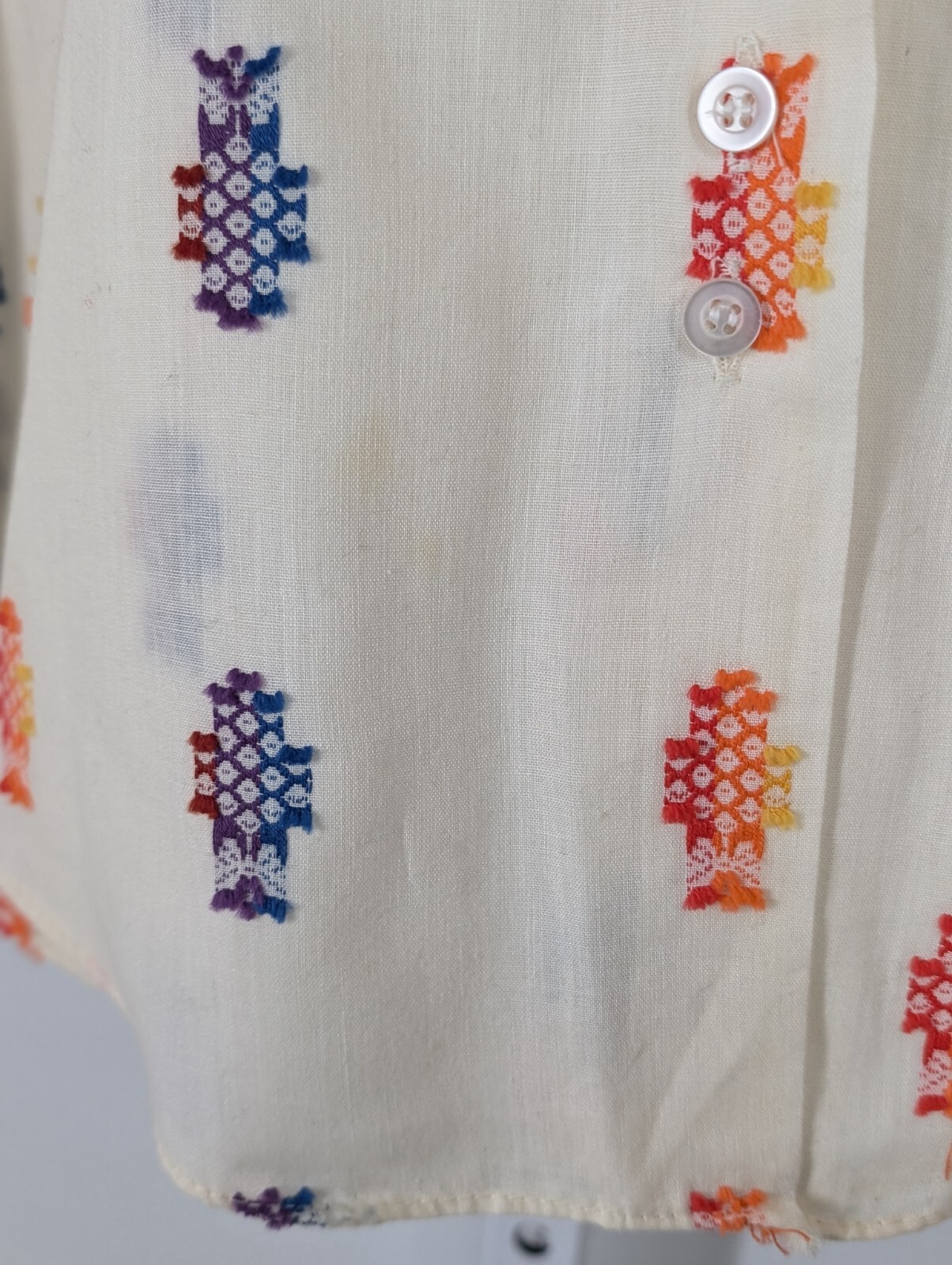 Vintage 70s Embroidered 3D Multicolor Boho Allover Print Disco Shirt Take #1 44&Prime;