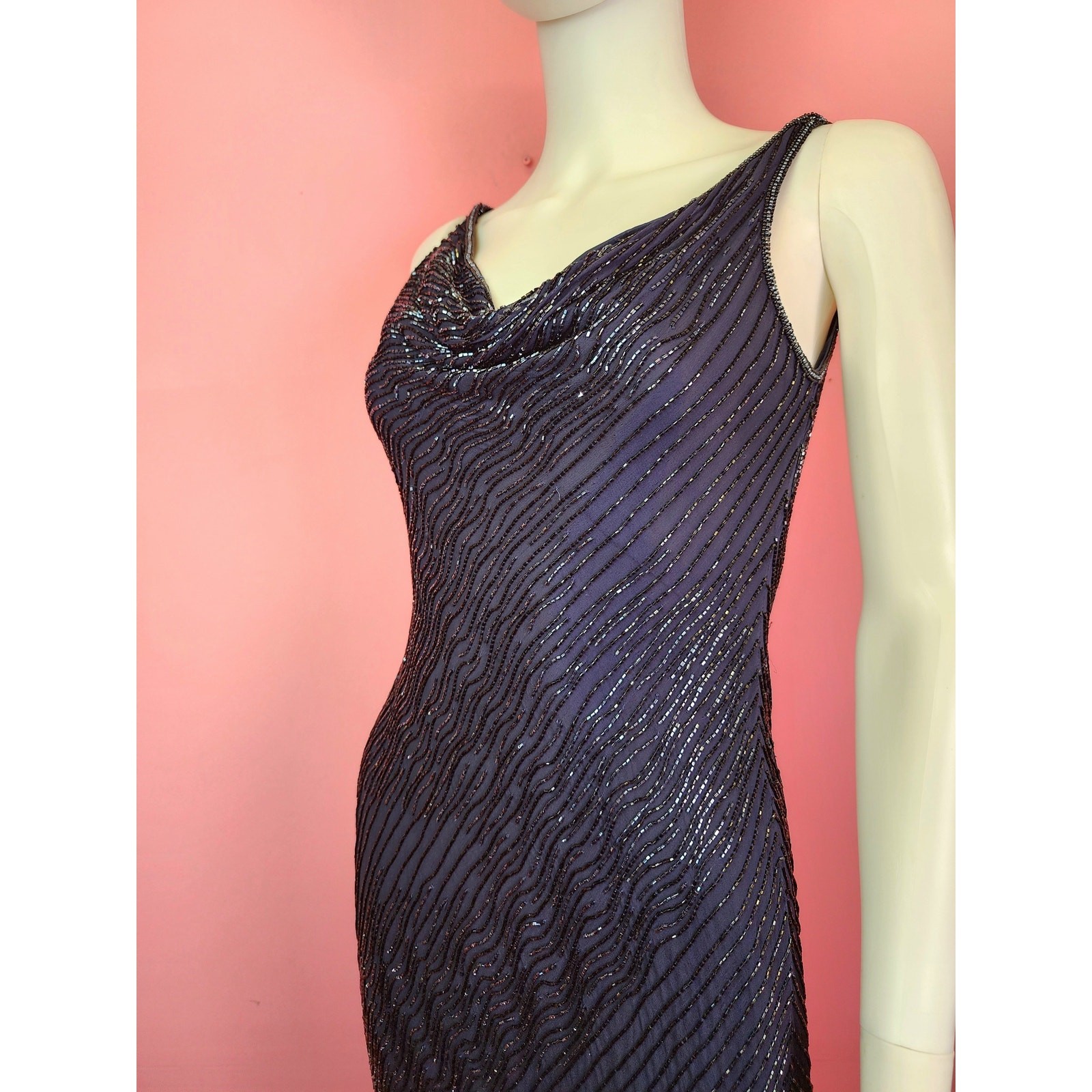 Vintage 1990&rsquo;s Silk Midnight Blue Beaded Cowl Neck Prom Dress Evening Gown