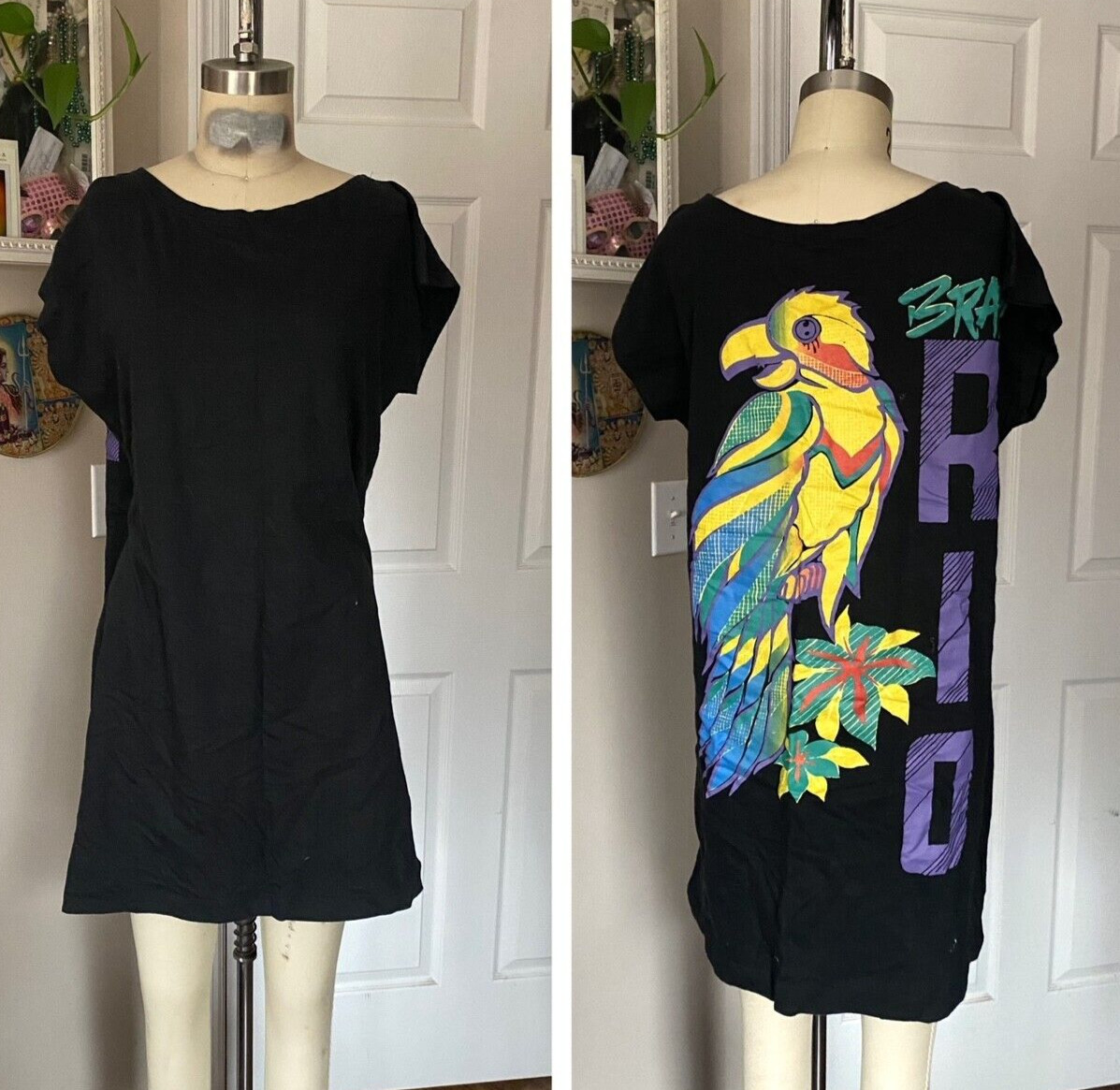 VINTAGE 1980s BLK « RIO Brasil » Tourist Mini dolman T-Shirt Shirt Dress *MEDIUM*