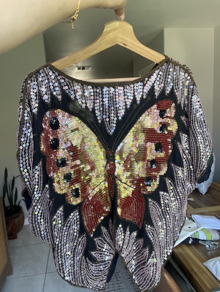 Vintage 80s Silk Sequin Butterfly Top Beaded Black Art Deco Festival Boho